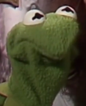 Kermit the Frog making a funny face. Anyone who needs this alt text will not be aided by it in any way.