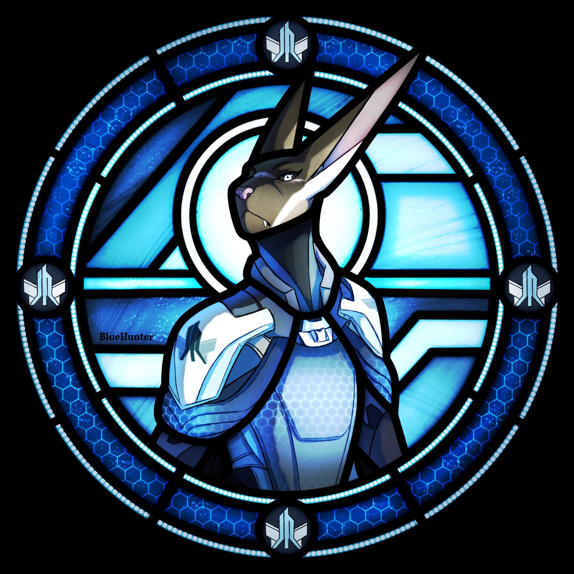 Portrait in the style of a stained glass window. It shows an anthropomorphic furry alien in a futuristic military uniform.