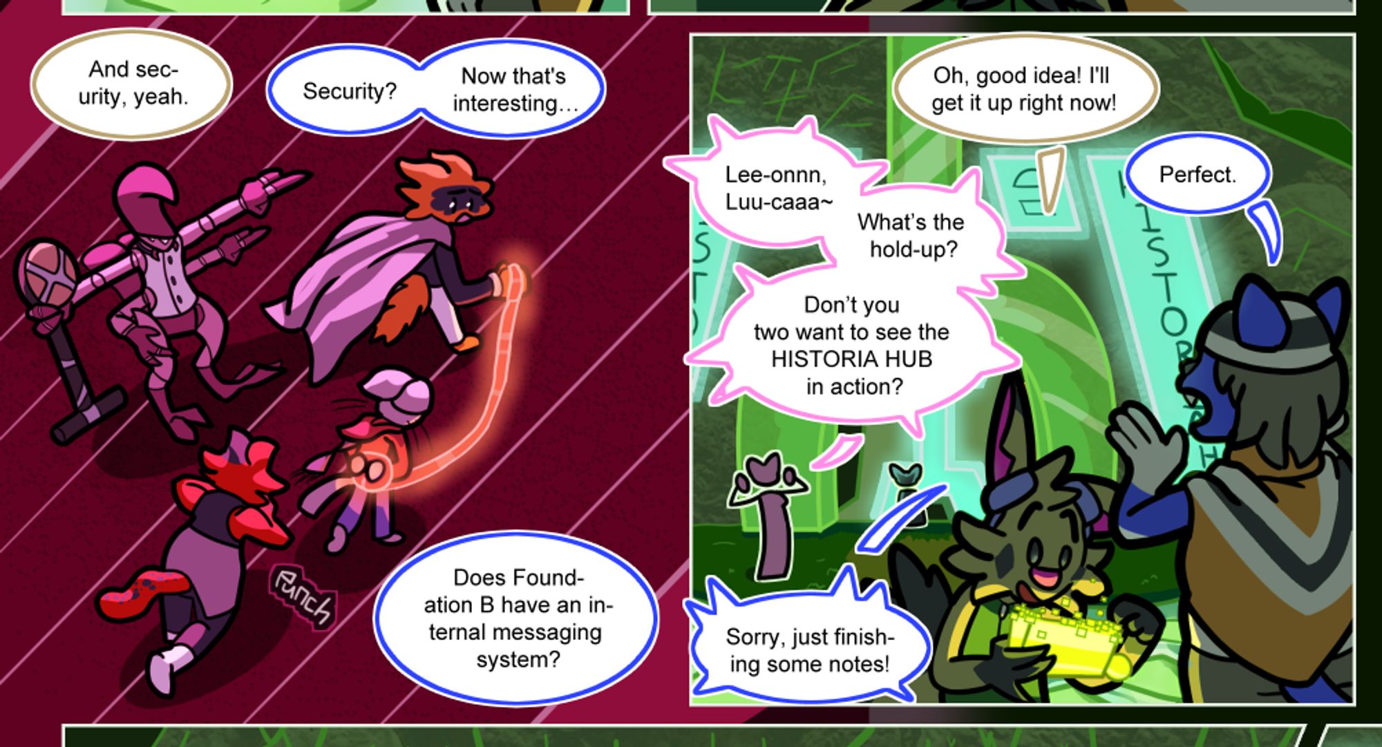 Panels from my webcomic, Key to the Future's Fate. In the first panel, a white-furred anthro cat teen is being escorted by a group of security guards out through a tunnel system. In the second panel, a blue-furred anthro cat teen and an anthro rabbit alien are briefly conversing before shouting out to another anthro cat in the background.