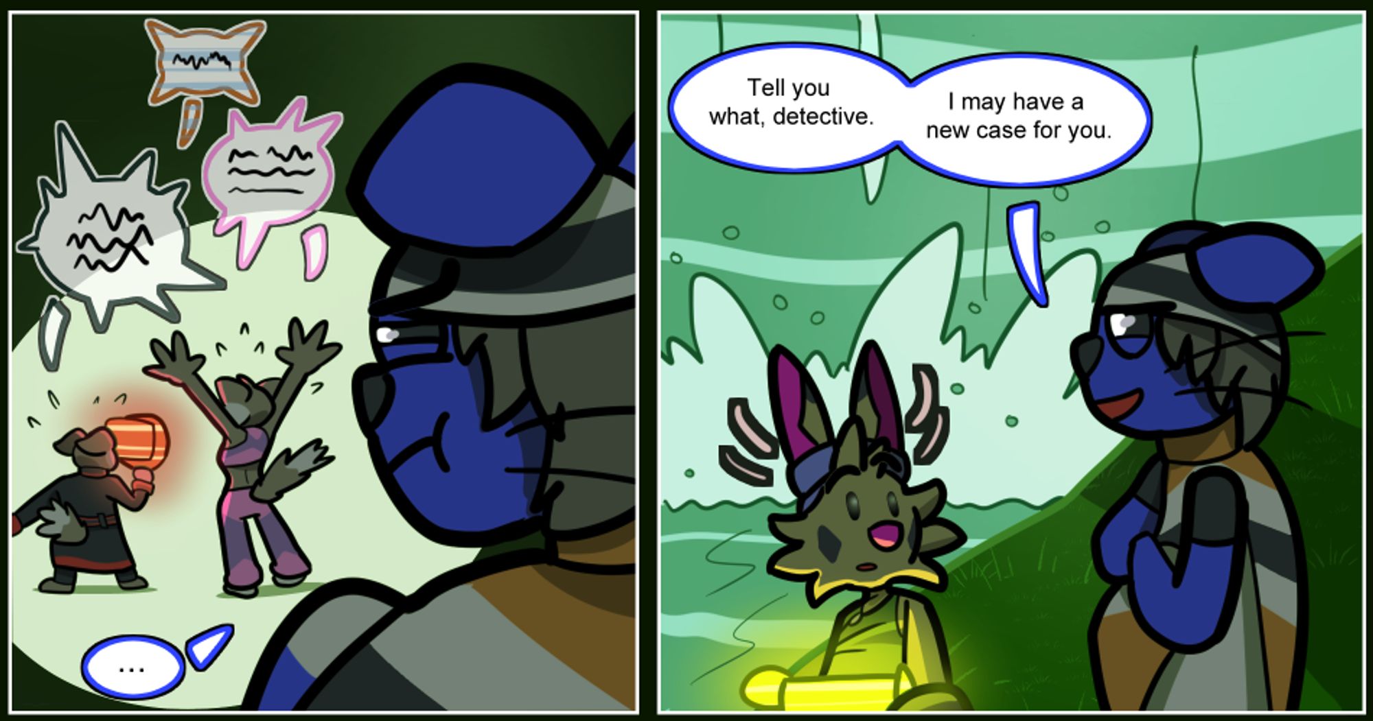 Panels from my webcomic, Key to the Future's Fate. In the first, the protagonist, a blue anthro cat teen, is observing two other anthro cats in the background. The background pair are indistinictly arguing with a third party over a call. In the second panel, the teen and a rabbit-like alien begin plotting something together.