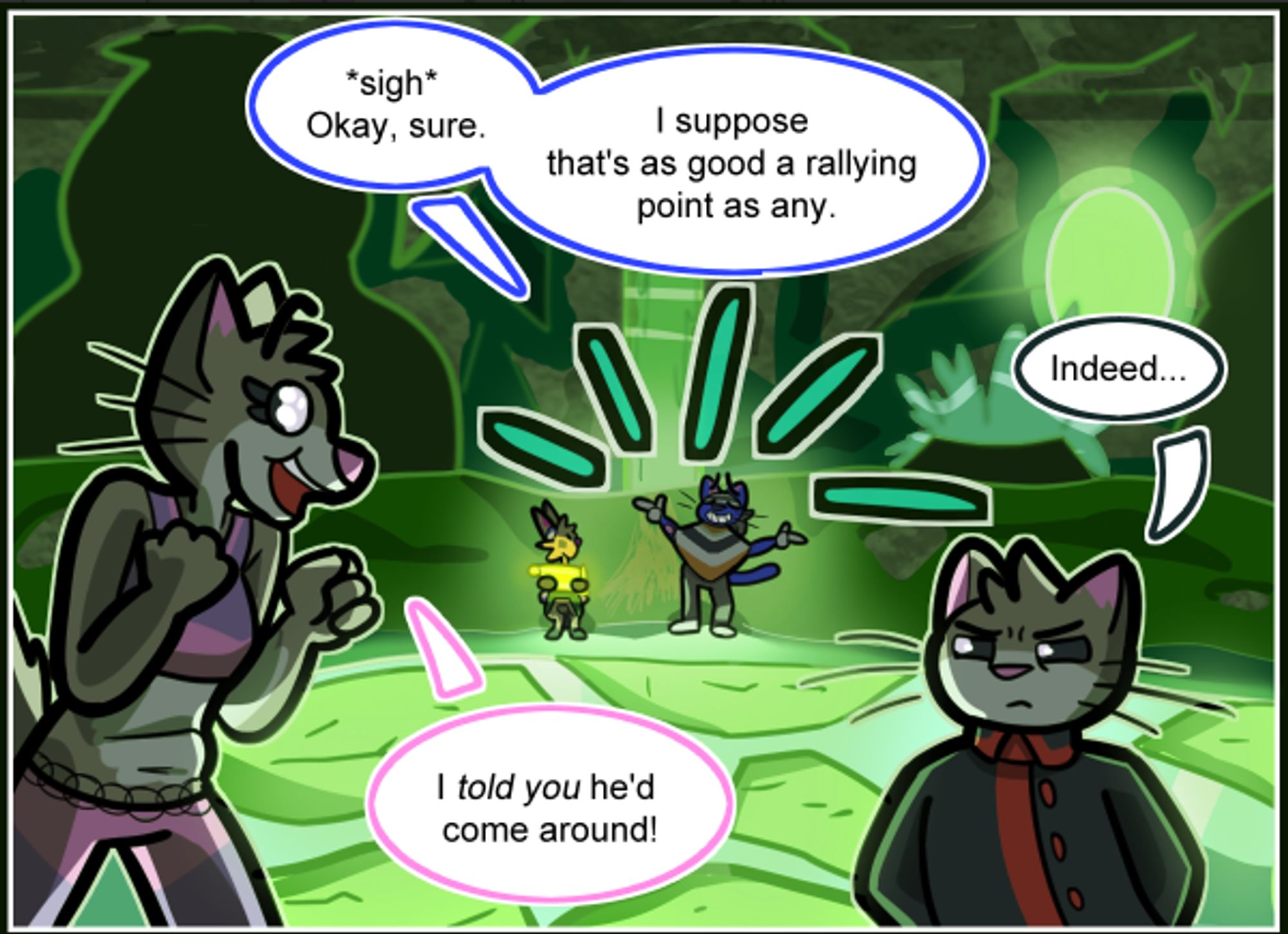 A panel from my comic, Key to the Future's Fate. In the background, an anthro blue-furred teen cat is making finger guns and smiling like he doesn't have a care in the world. A shorter rabbit-like alien is standing next to him, looking up at him and holding a hard-light tablet. In the foreground, a pair of brown-furred anthro cat women react to the teen's support in the background. The taller of the pair is excited, but the shorter one looks back with suspicion.