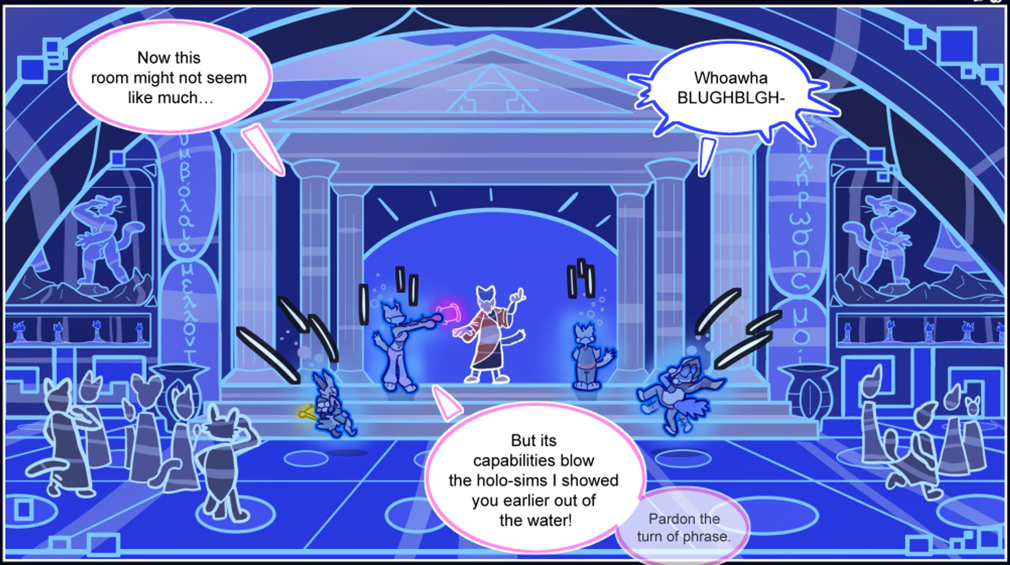 A panel from my webcomic, Key to the Future's Fate. In it, we see a hardlight projection under water of a Greek forum. A crowd of NPCs is gathered around the main cast, each of whom are being pulled down into the scene. Near the center, a hardlight figure stands out at the top of a stairway