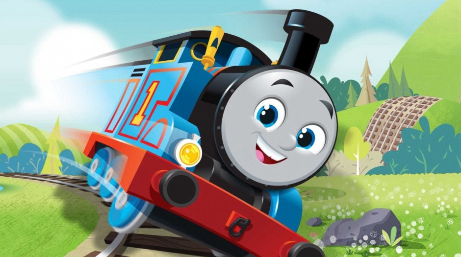 Fully animated Thomas from Thomas & Friends, actually friendly blue and red cartoon train in a green field