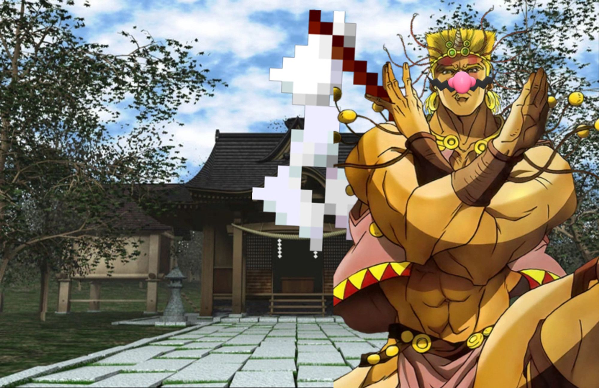 The full image of the shitpost. Whamu from JoJo’s Bizarre Adventure: Battle Tendency is posing at the Hakurei Shrine, equipped with Reimu’s Gohei. He has Wario’s Moustache and Nose. He is the new shrine maiden