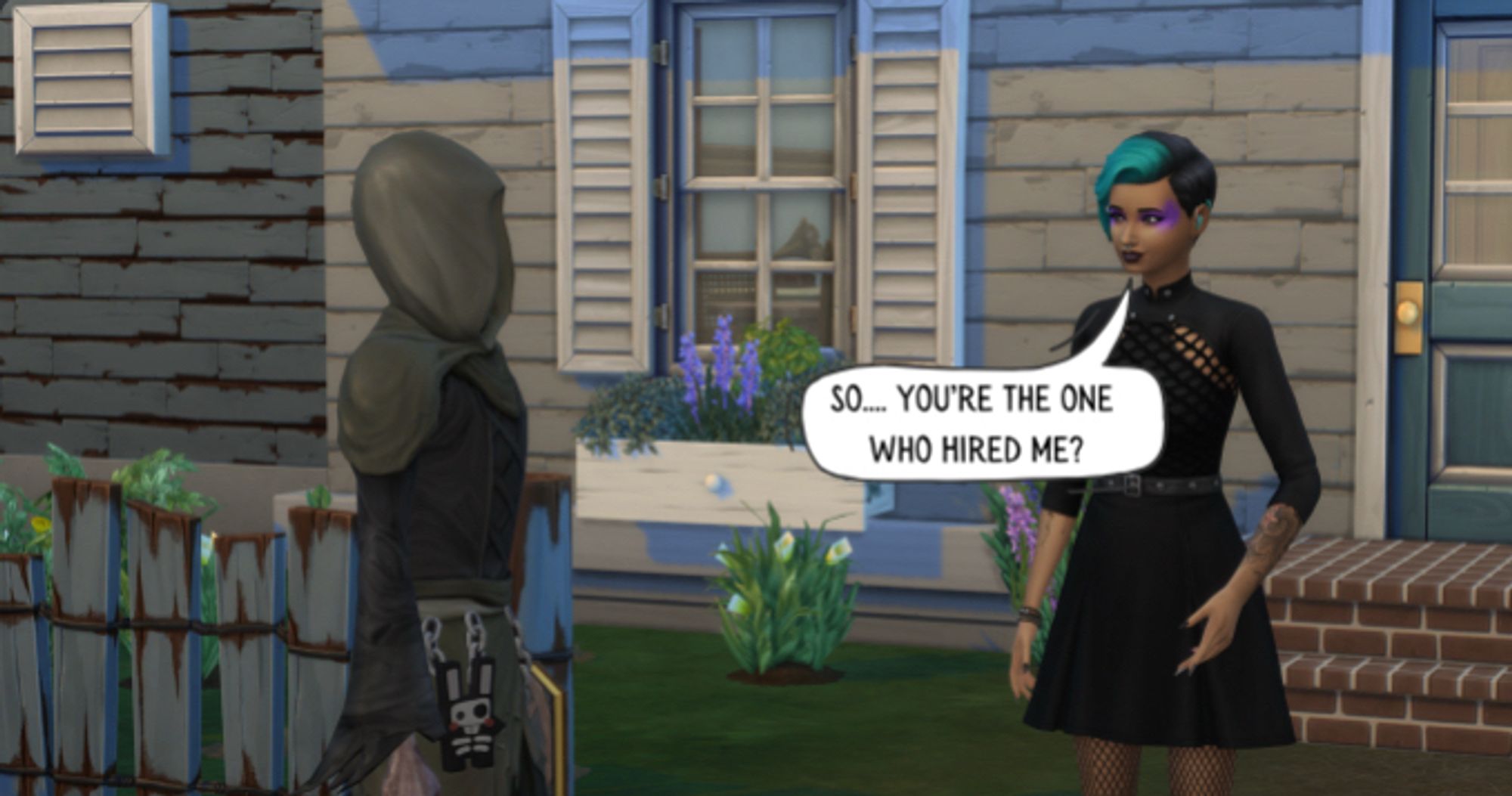 Grim Reaper is talking to Sage, a sim wearing an all black dress with turquoise and black short hair and purple makeup, outside Sage's house in Moonwood Mill's only starter house.