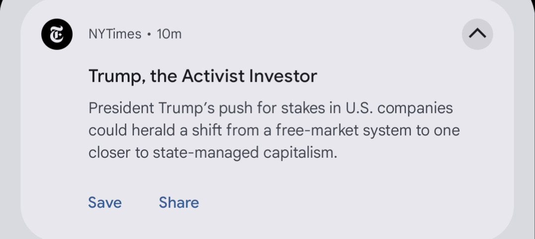 T

NYTimes 10m

Trump, the Activist Investor

President Trump's push for stakes in U.S. companies could herald a shift from a free-market system to one closer to state-managed capitalism.

Save

Share