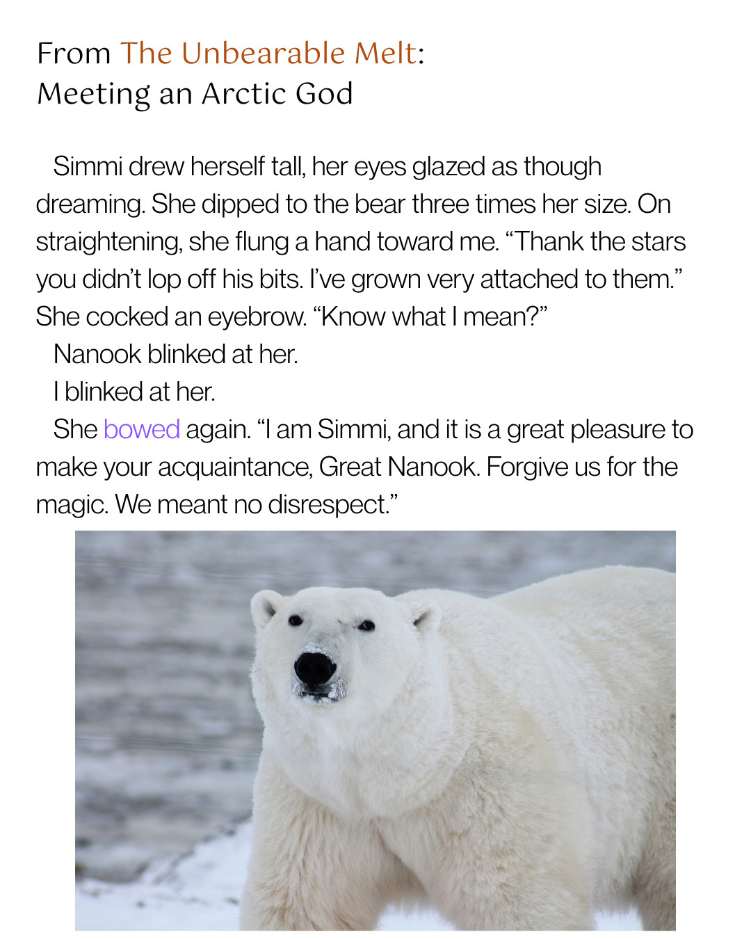 Excerpt from The Unbearable Melt, book three in the eco-romantasy series by Andie Holman. 