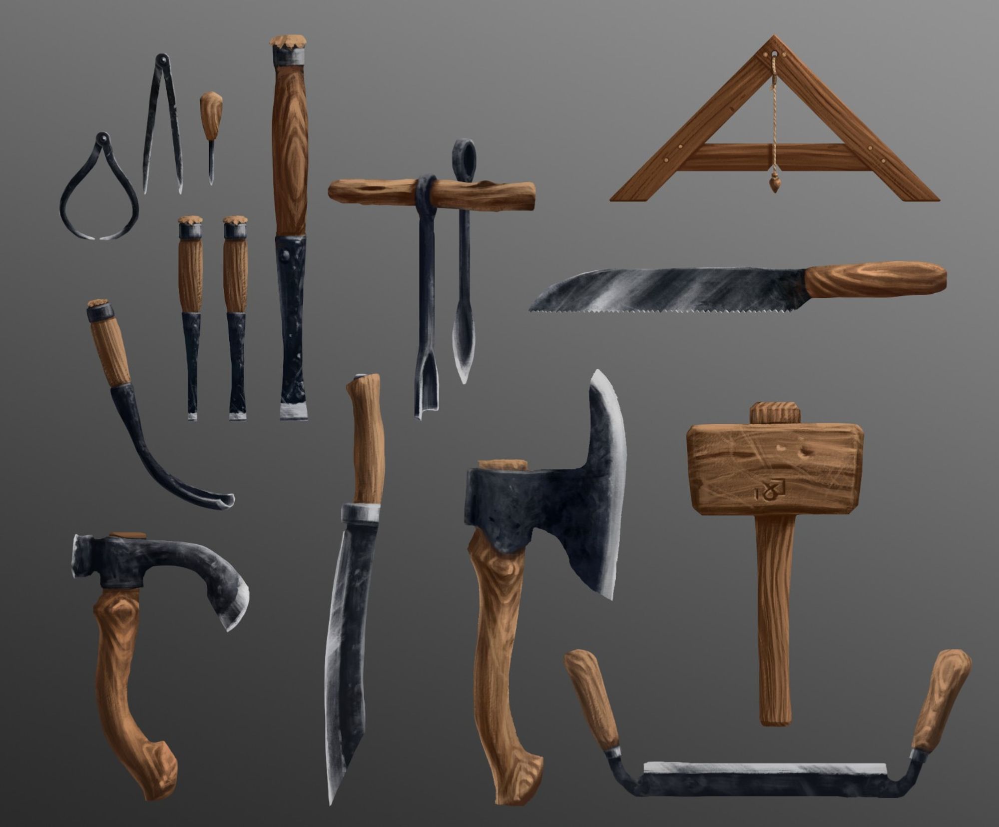 Illustration of a collection of woodworking hand tools, roughly based on several medieval and middle ages finds, but not designed to fit one precise time period. The set includes chisels, measuring tools, auger bits, a saw, a draw knife, a seax, a bowl adze, a broad axe, and a mallet.