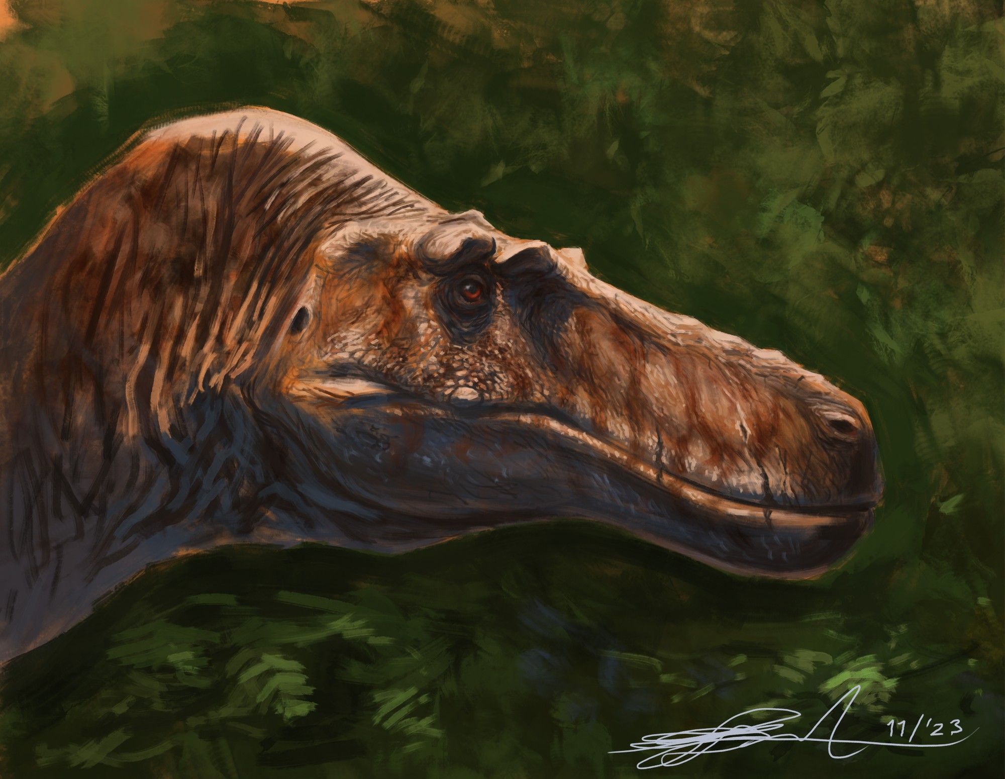 Digital portrait painting of Jane, a juvenile T. rex. She is more slender than the familiar adult rex, and is light brown with darker stripes on her snout.