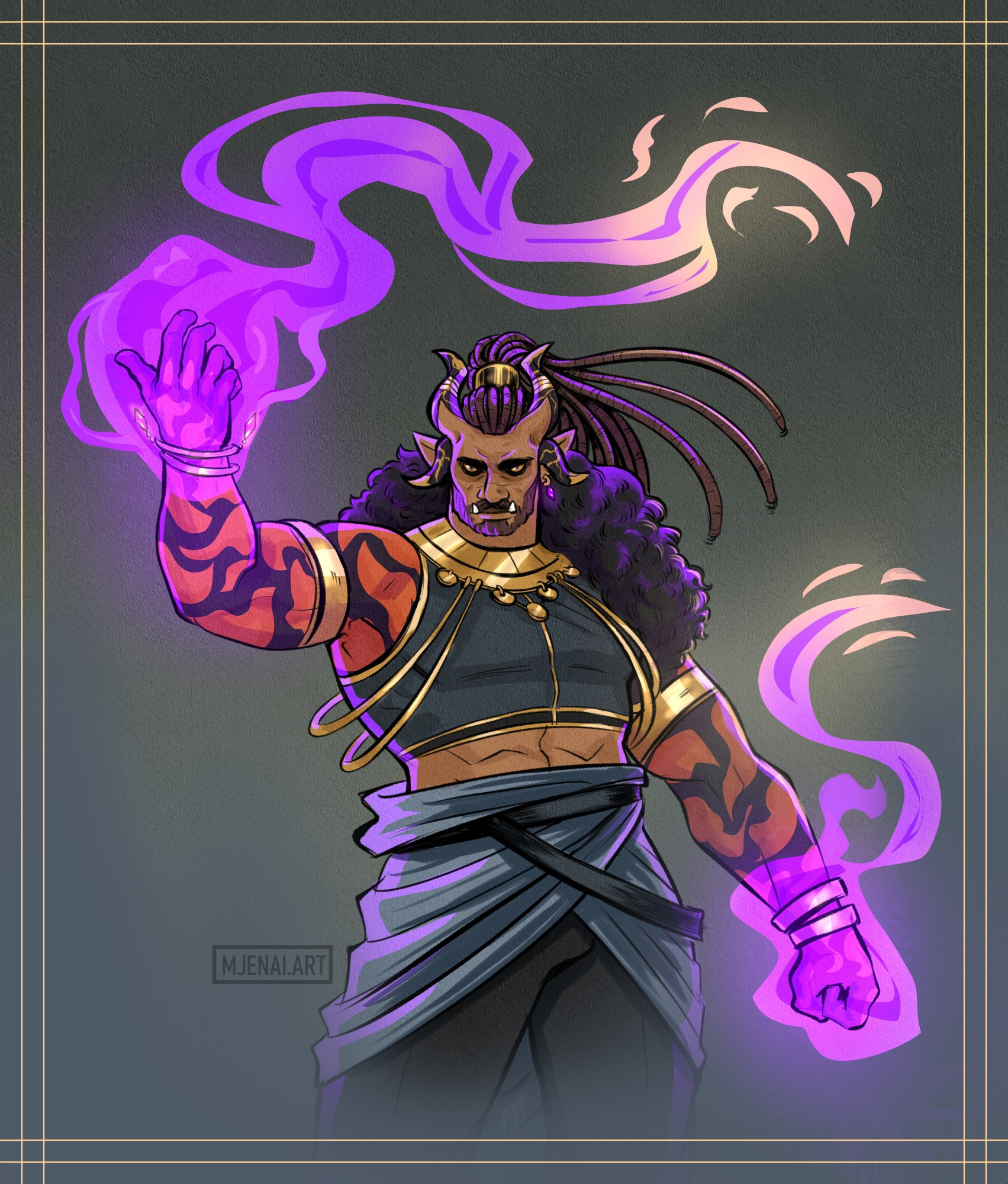 Draconic Orc man(Ashurath) conjuring gold-tinged purple magic in a ceremonial garb by Mjenai