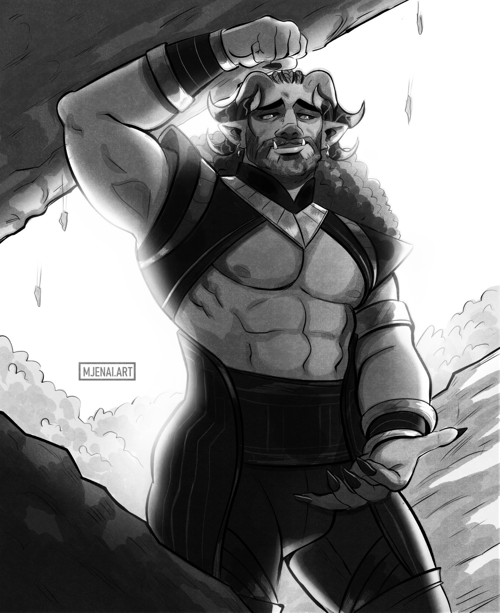 Draconic Orc man lifting up a rock to help you out by Mjenai