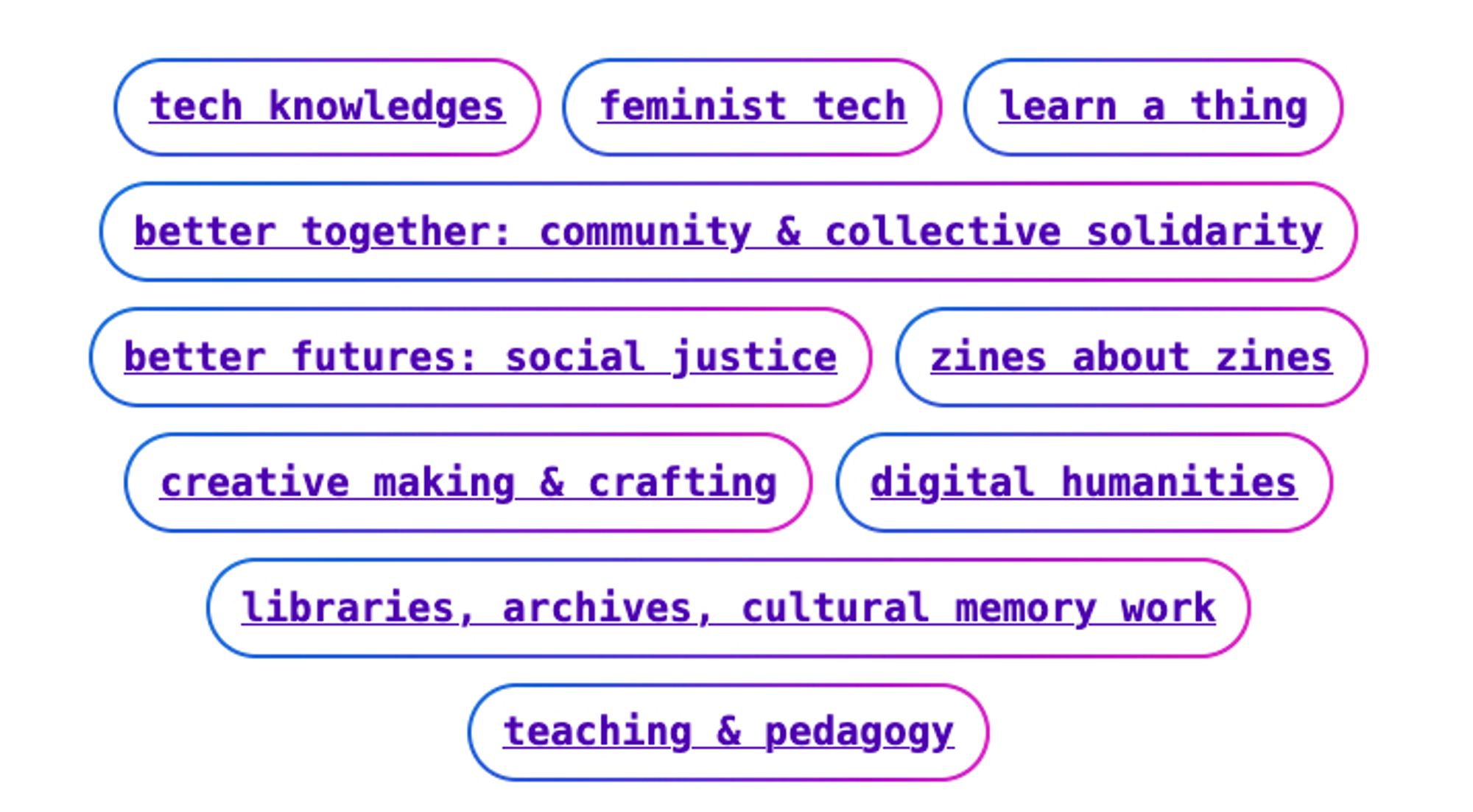 Screenshot of ZIneBakery.com homepages glowing purple gtadient buttons that link to various thematic collections of the zine catalogue, including "feminist tech" and "zines about zines"