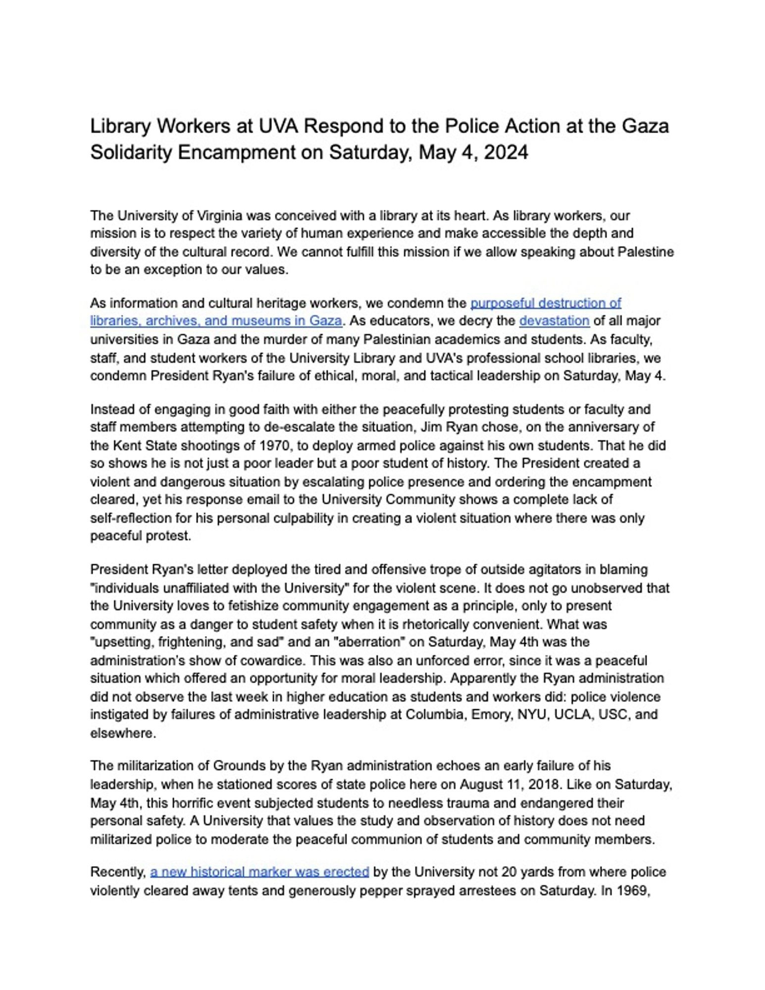 Screenshot text of "Library Workers at UVA Respond to the Police Action at the Gaza Solidarity Encampment on Saturday, May 4, 2024" letter, screenreadable at https://docs.google.com/document/d/1R2aOJMGIqI_iYjDVEijJ8a0EWWLJG7Q2byZJyDlb3u0/mobilebasic