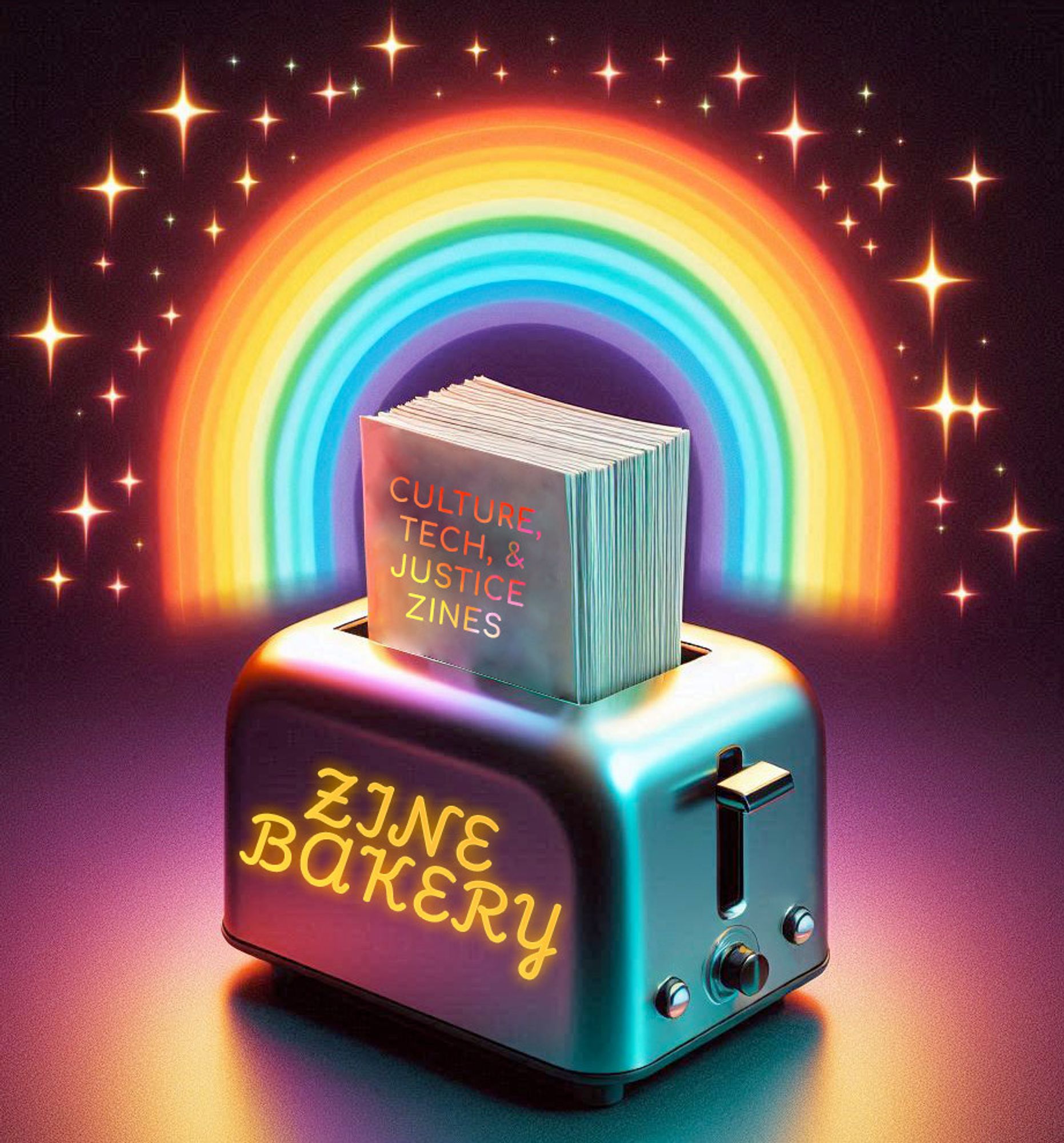 Zine Bakery logo of zines popping out of a toaster with rainbow sparkles