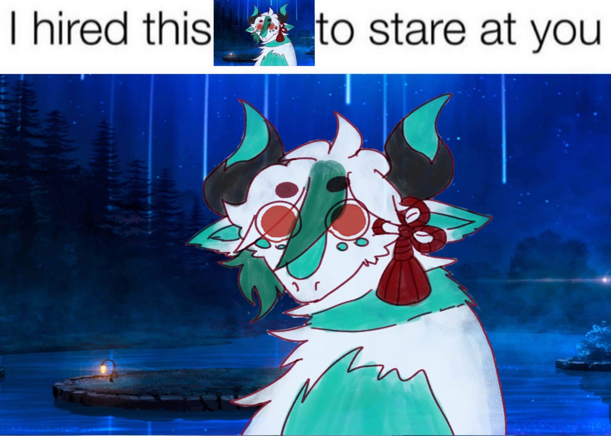 a meme of a teal and white dragon original character which says "i hired this (same image but smaller) to stare at you"