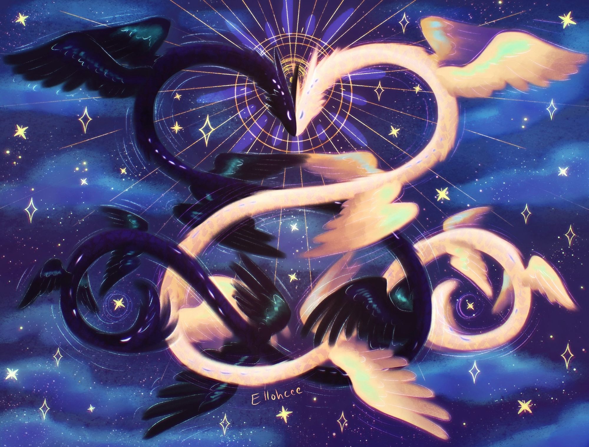 Digital art of two very long serpentine dragons curled and weaving in mirrored positions, their foreheads touching. They each have many sets of wings. One dragon is black with green and purple accents, and the other is a light cream color also with green and purple accents. The background is blue with simple blue clouds, glowing stars, and a glowing celestial circle pattern with outstretched lines.