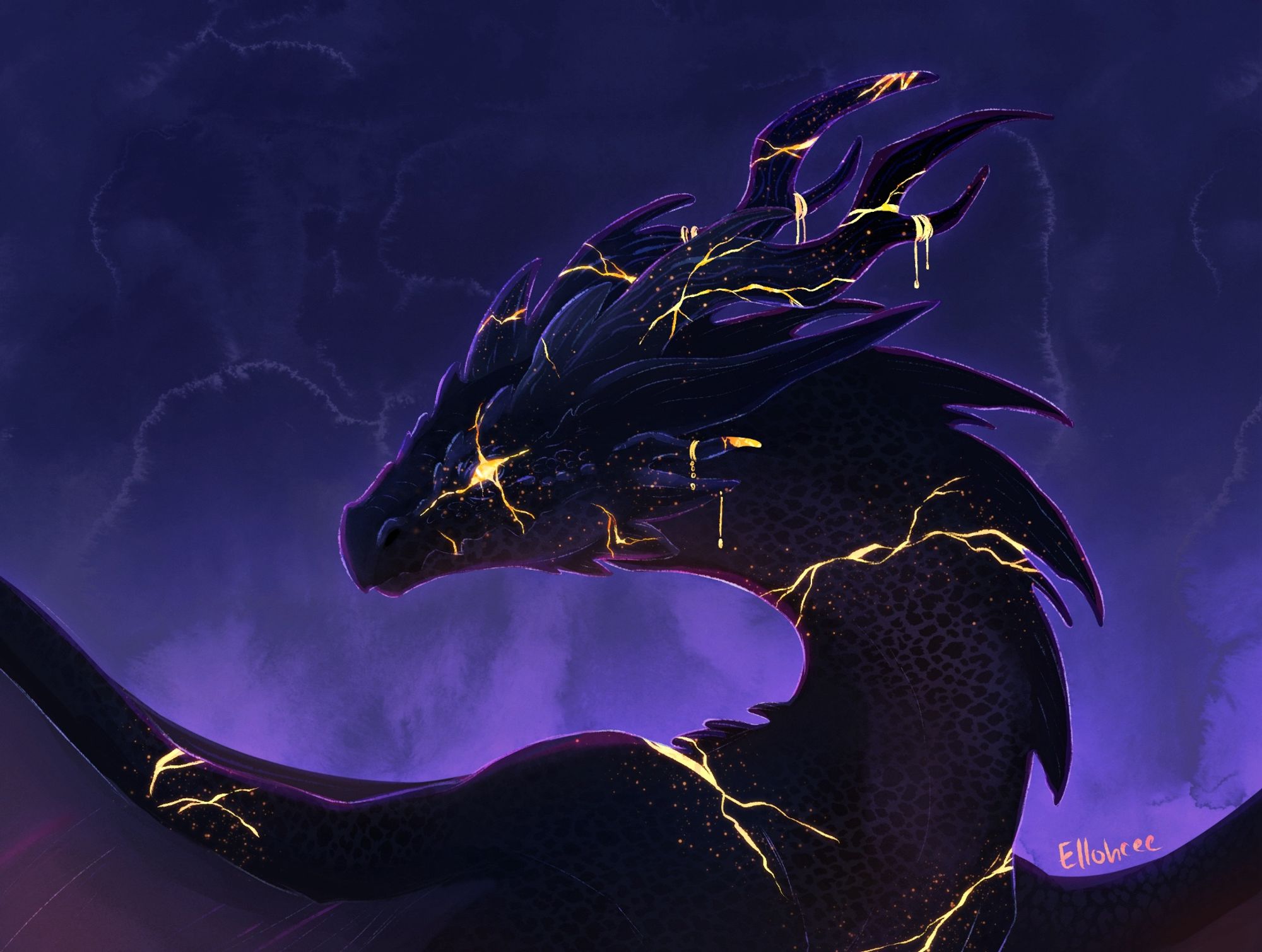 Digital art of a black spiky dragon with head turned to look over its shoulder, wings spread out to the sides. The dragon’s body and horns are covered in golden cracks, similar to kintsugi, the art of repairing broken pottery.