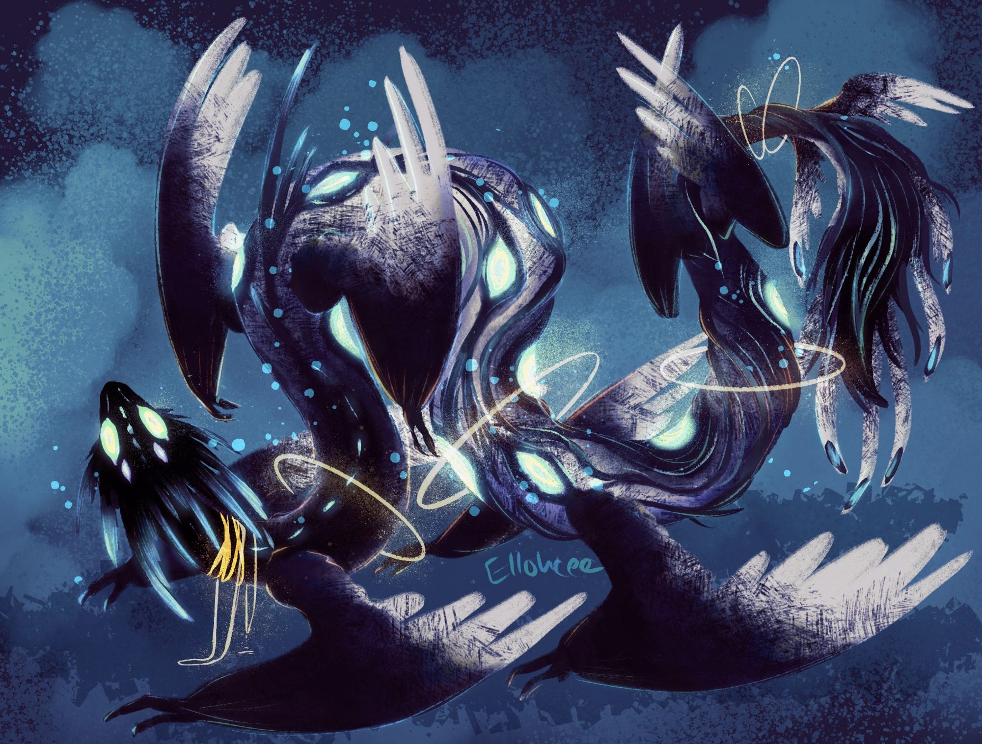 Digital art of a long serpentine dragon creature with multiple sets of wings, its body coiled in an awkward position with two sets of wings supporting it. Dark lines travel across its body, like creeping vines, and glowing halos circle around several points, the one around its neck tight and twisted. Glowing eye spots run along the body.