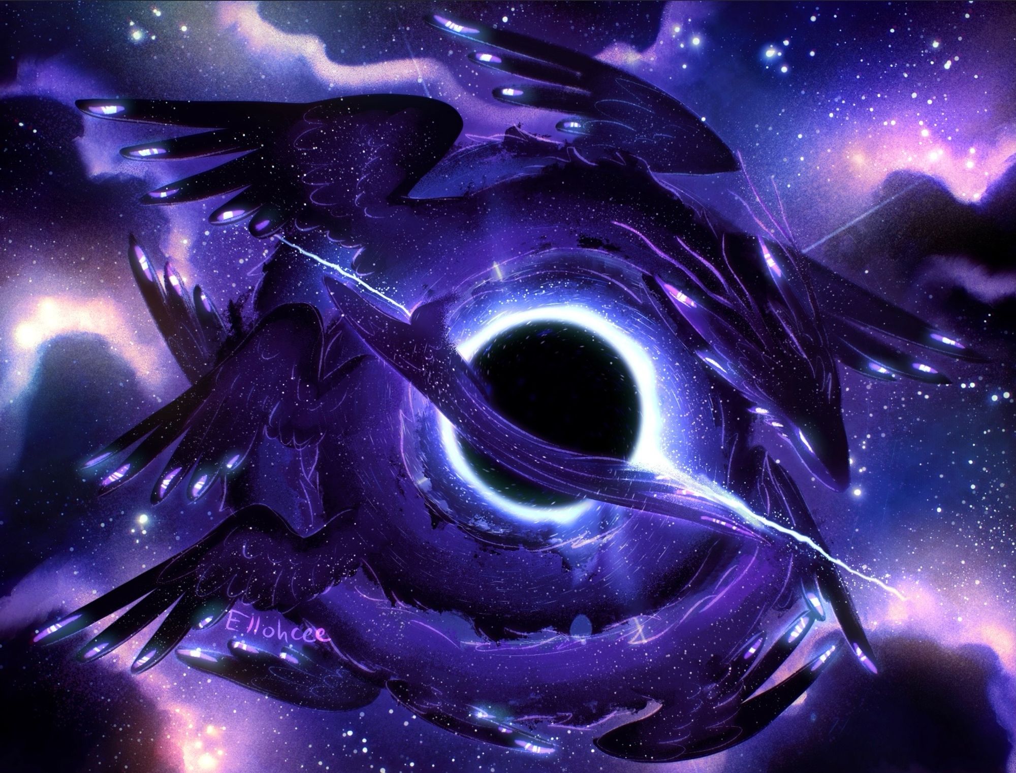 A digital art of a long serpentine dragon with many wings, dark purple/black with glowing purple marks that resemble eyes at the ends of the feathers. It is curled around a black hole in space with stars and nebulas in the background