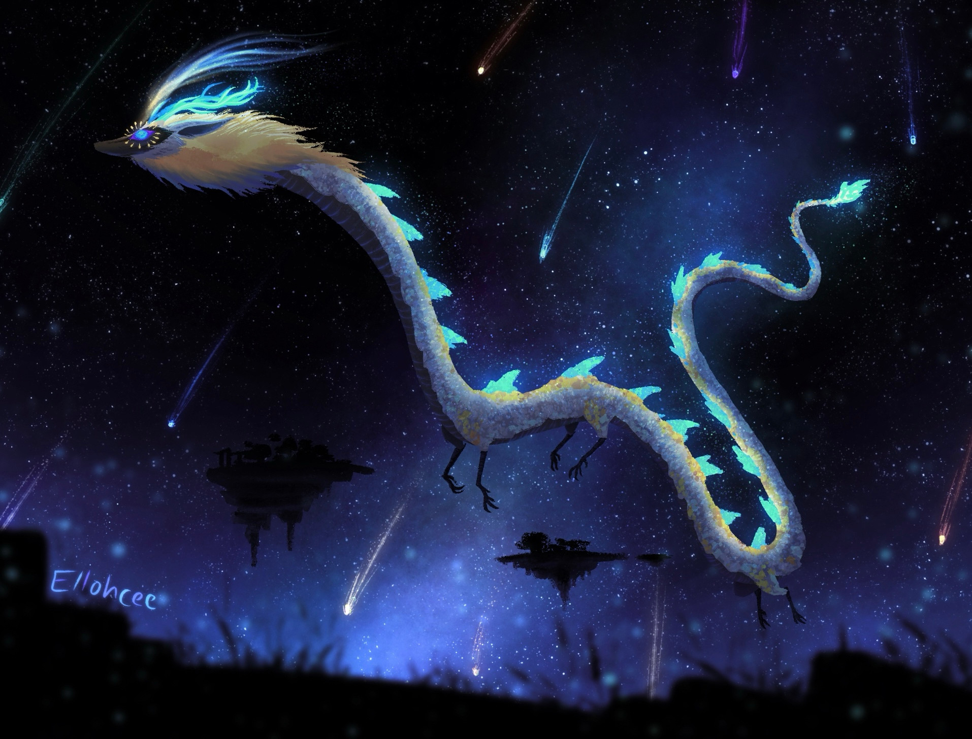 Digital art of the light dragon from Tears of the Kingdom, a long serpentine dragon with three sets of limbs and glowing crystal formations down the length of her back. She flies against a starry night sky, floating islands and multi colored shooting stars visible in the distance.