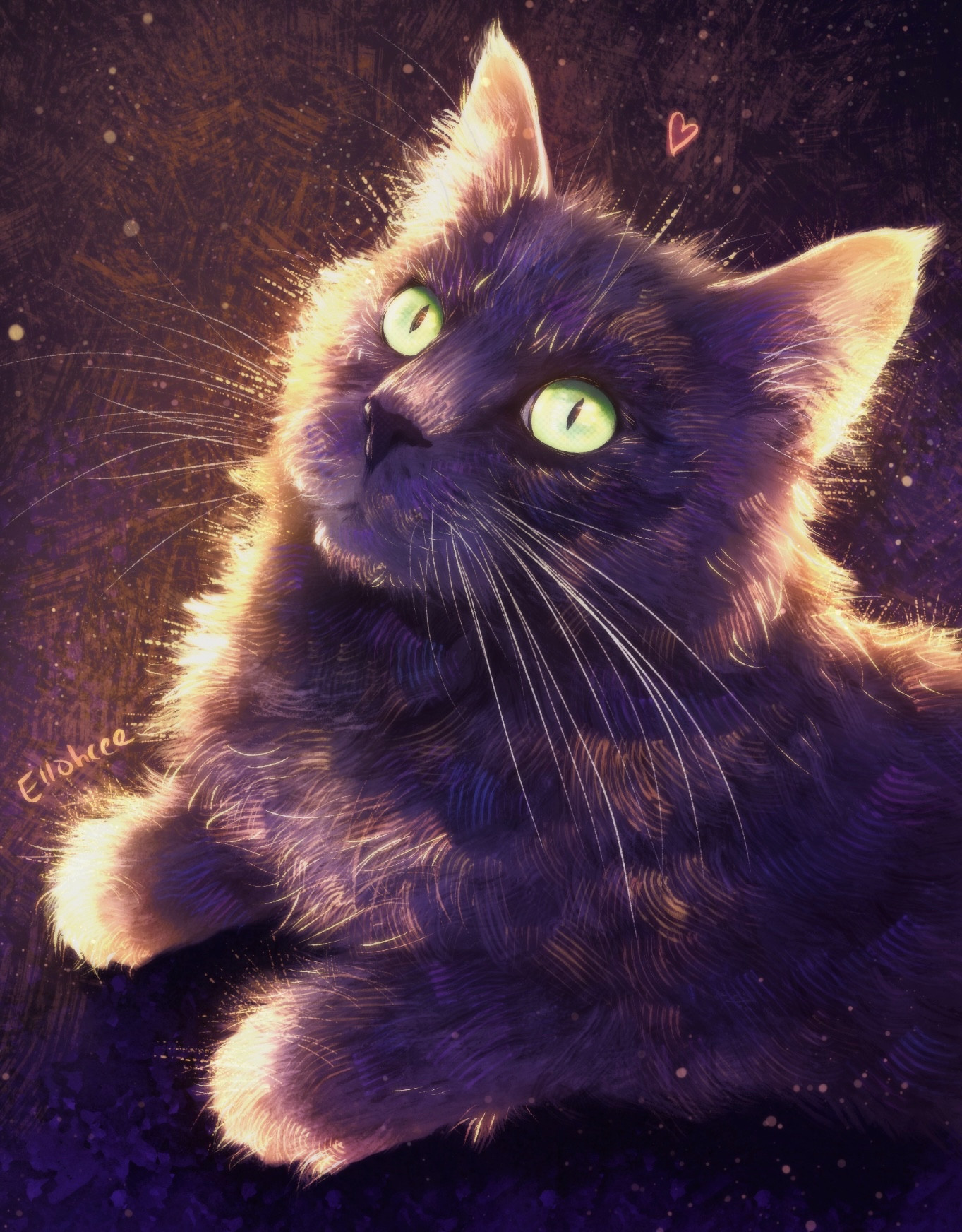 Digital portrait of a gray cat with green eyes looking up, painted in warm tones and backlit by sunlight