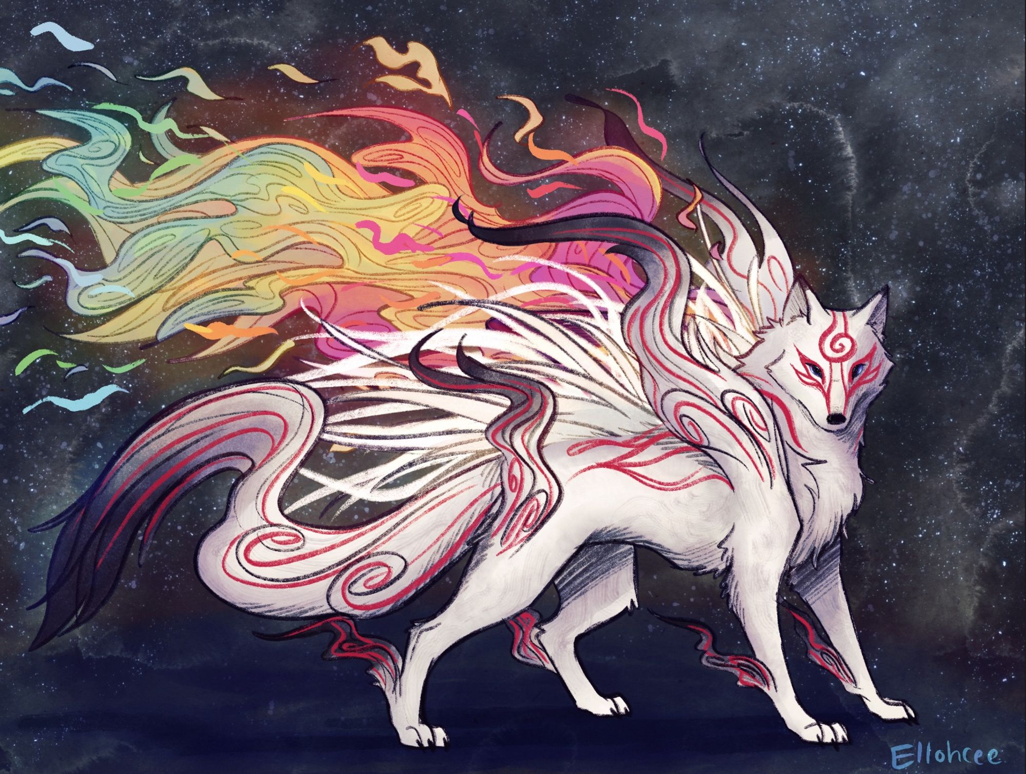 Digital fanart of Shiranui from Okami, standing over a dark starry background. Shiranui is a celestial brush god in the form of a white wolf with long flowing tufts of fur at her shoulders, flanks, and ankles, as well as a long tail that looks like an ink brush at the end. She has red flowing markings along her body and glowing tendrils of energy from her back. A divine instrument floats above her with swirling multi colored flames.