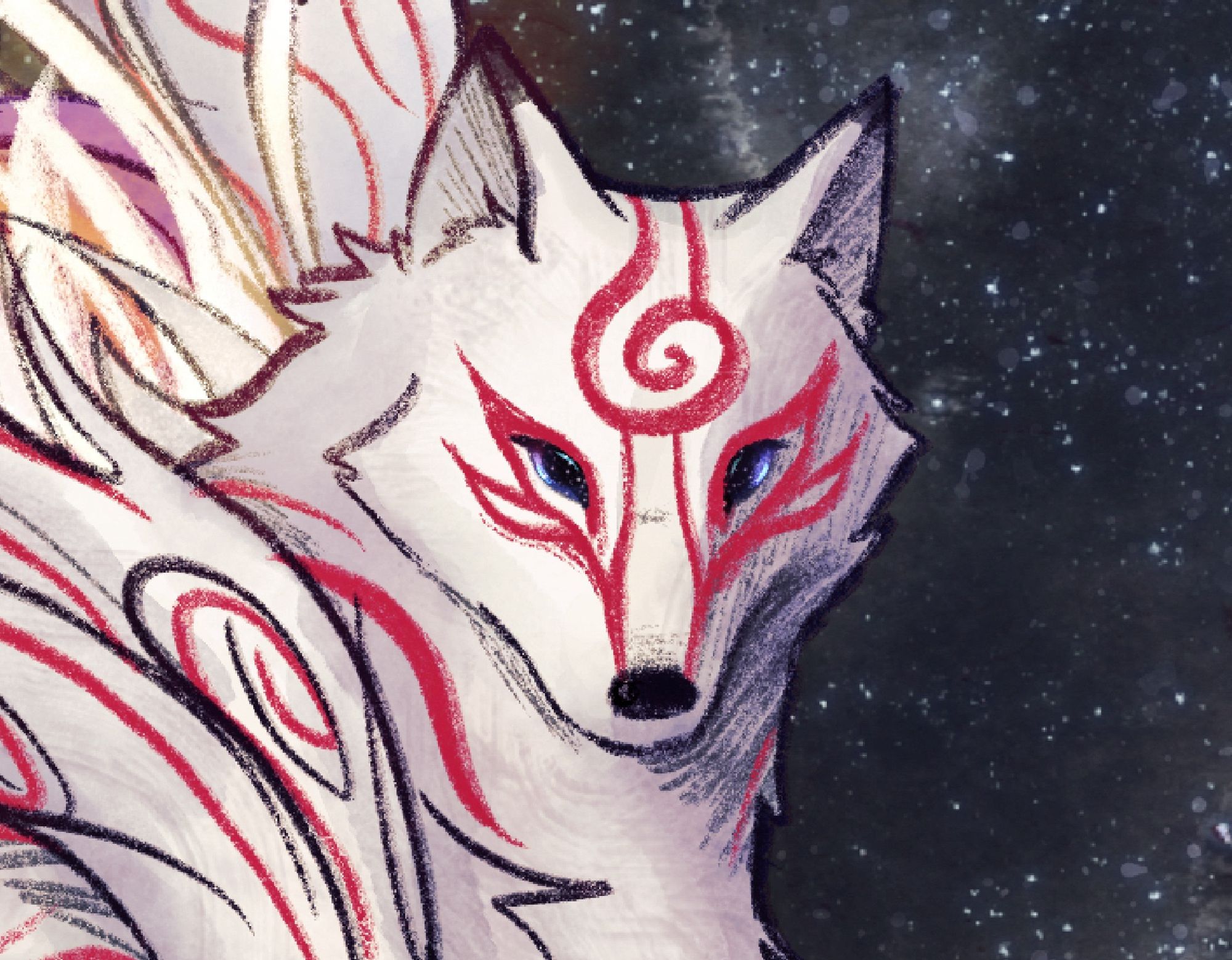 Digital fanart of Shiranui from Okami, a white wolf with red markings.