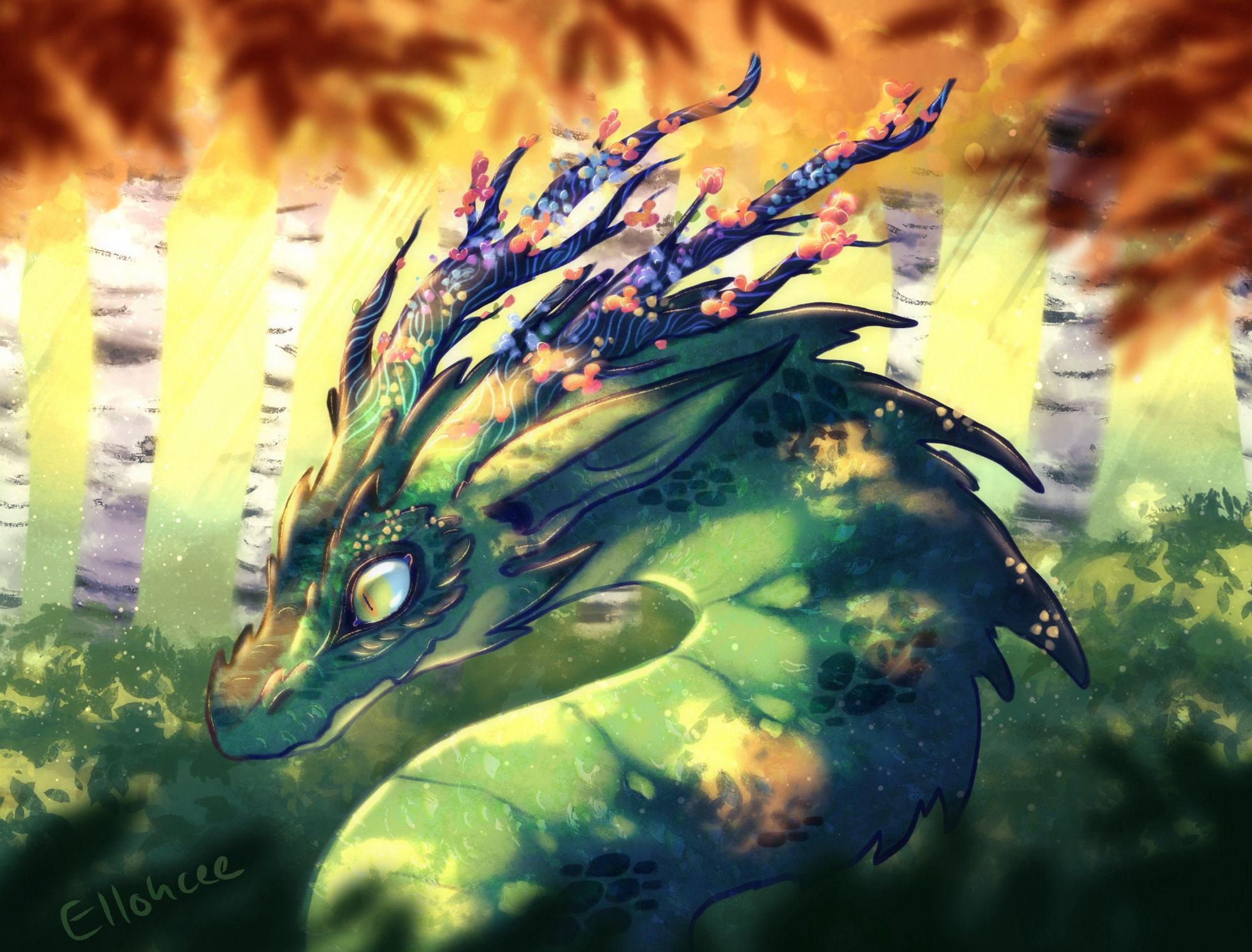 Digital art of a green dragon with a long curled neck. It has branch like horns covered in flowers and glowing blue stripes resembling wood grain. The background is a sunny, wooded area with birch trees, bushes and soft beams of light through the leaves.