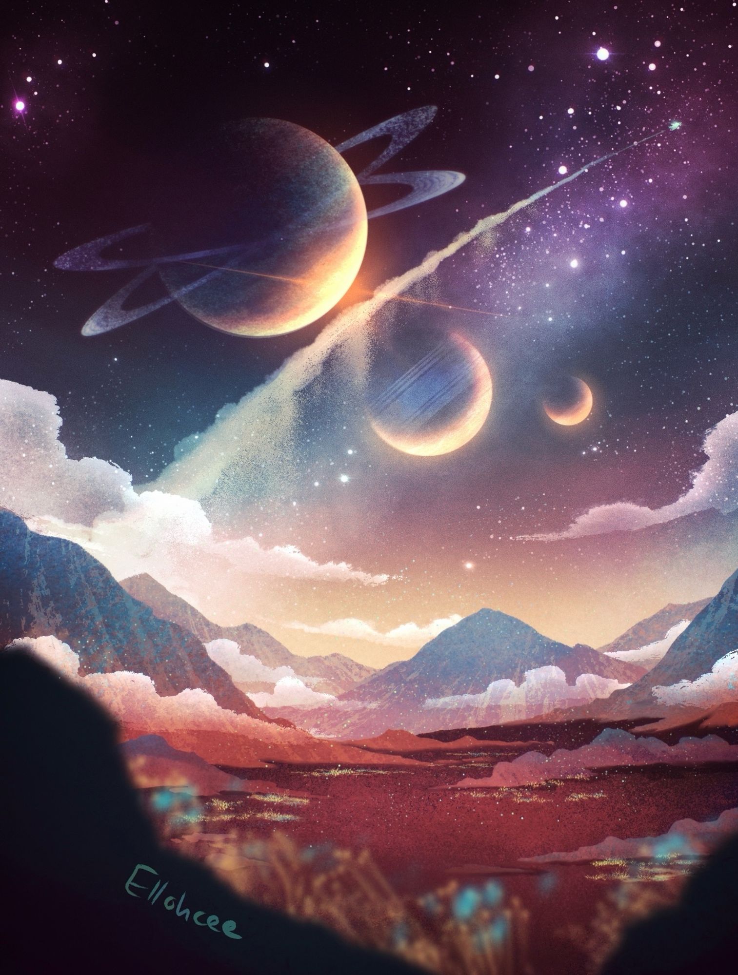 Digital art of a sci-fi space scene. View from the surface of a red planet with rocks and mountains that turn pale blue towards the tops. Through the thin atmosphere can be seen three additional planets, one with twin sets of rings around it. The sky moves from a pale yellow at the horizon, to tones of teal blue and purple with many stars visible. There are thin clouds and a vapor trail left behind from a ship in the distance leaving the atmosphere.