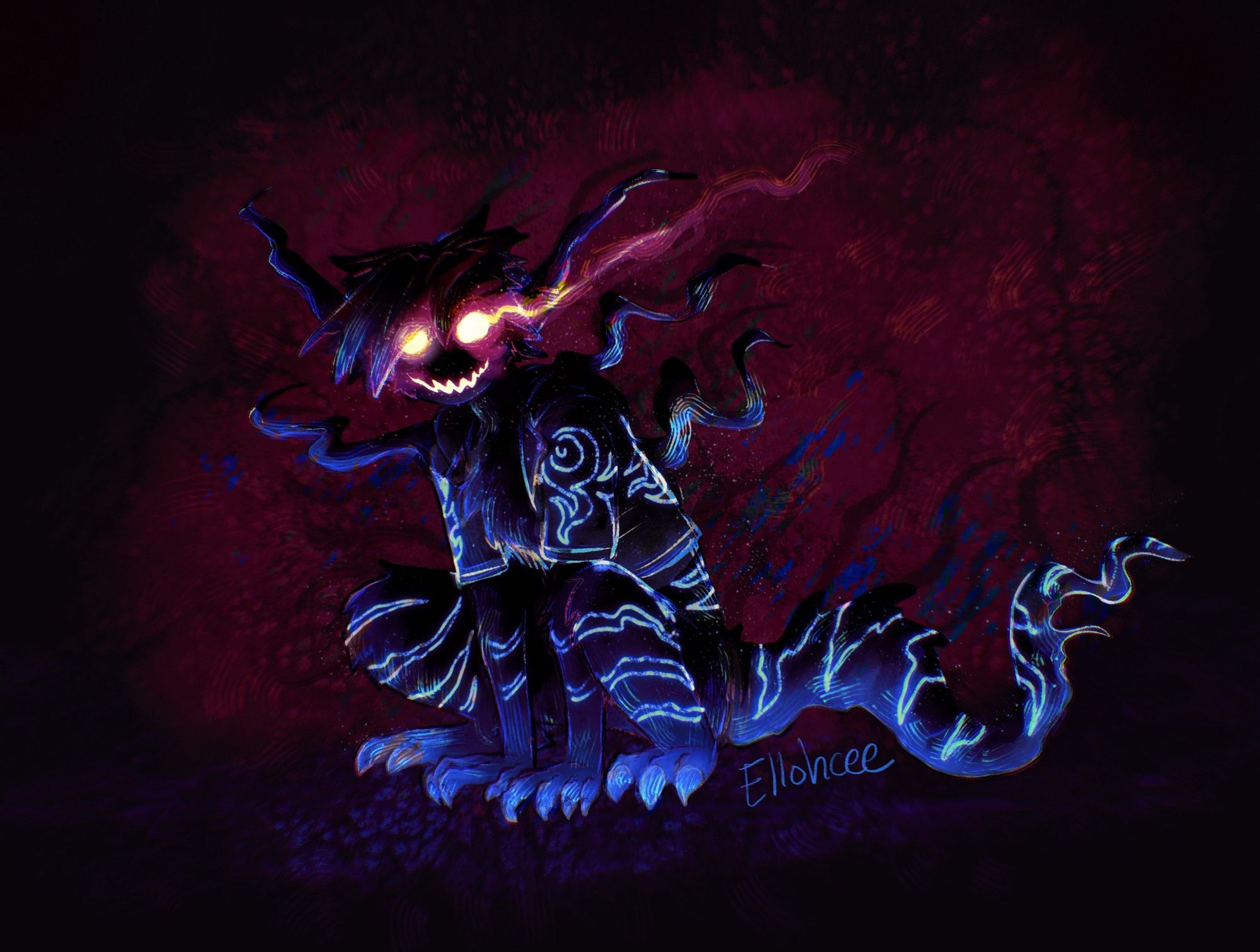 Digital art of Sora from Kingdom Hearts in a cross between his monster form from the Monsters Inc world and his rage form. He’s sitting crouched with his hands on the ground, looking at the viewer with orange glowing eye and a glowing toothy grin. He has shadowy tendrils coming off of his body and a long tail. His body is dark, fading to a pale blue at his hands and feet, and he is covered with glowing blue markings.