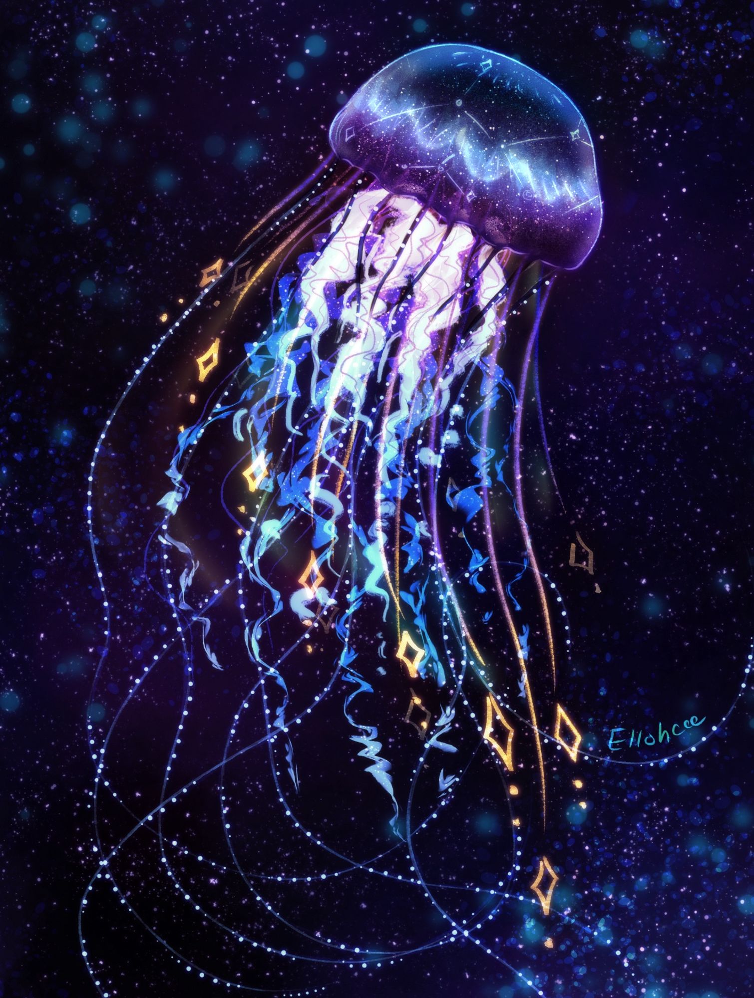 Digital art of a jellyfish on a background that is meant to look both like space and underwater. The bell is blue and purple with star patterns. The long thin tentacles have trails of glowing bead like structures. Other tentacles turn gold at the end in varying lengths with simple diamond stars at the ends.