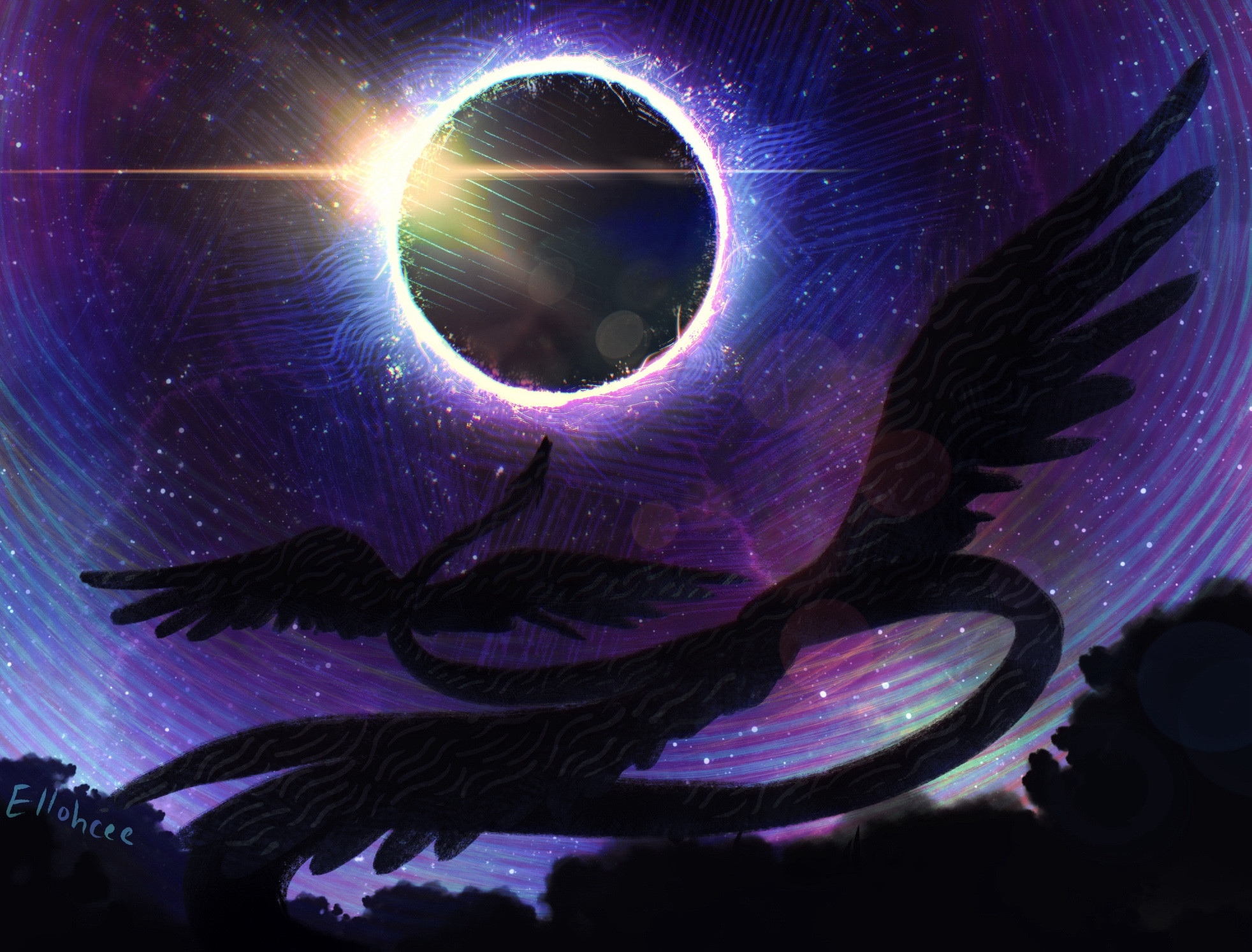 Digital art of a solar eclipse just about at totality, with just a small burst of light visible from behind the moon as well as a ring of solar prominences. The sky is colored in blues, purples and green, almost like northern lights, with rakes of texture. Dark trees line the horizon where a long serpentine dragon with multiple wings flies up towards the sky.