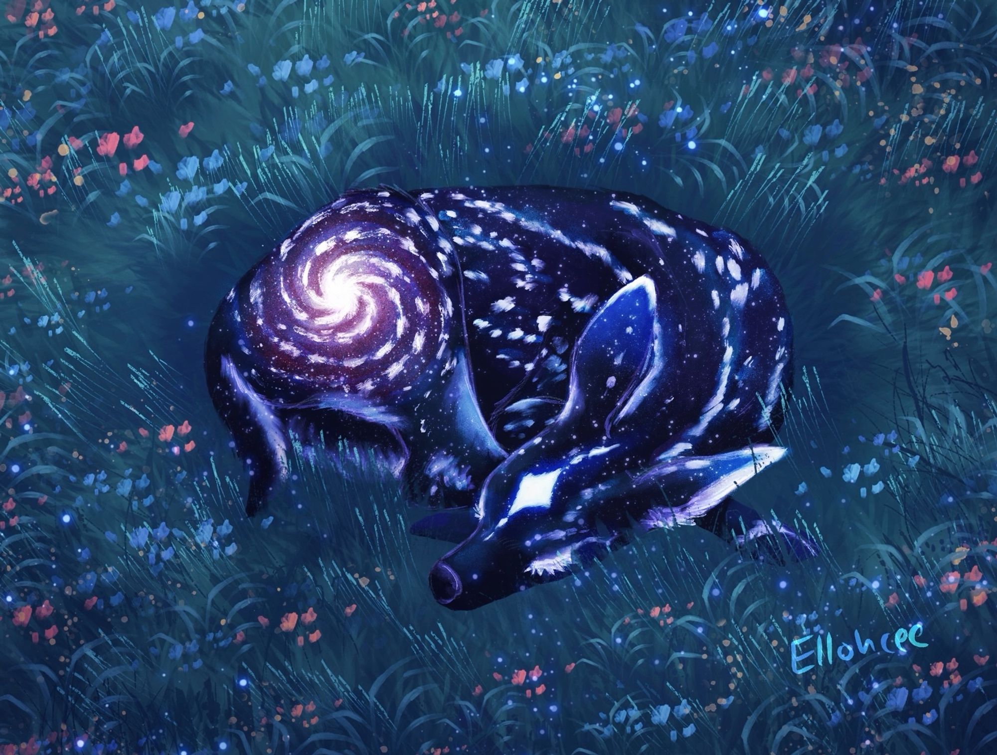 Digital art of a fawn curled up in a patch of grass and flowers. The body is dark blue to black with white spots going down the body until they form a swirling Milky Way formation on the flank. The fawn has a glowing white mark on its forehead.