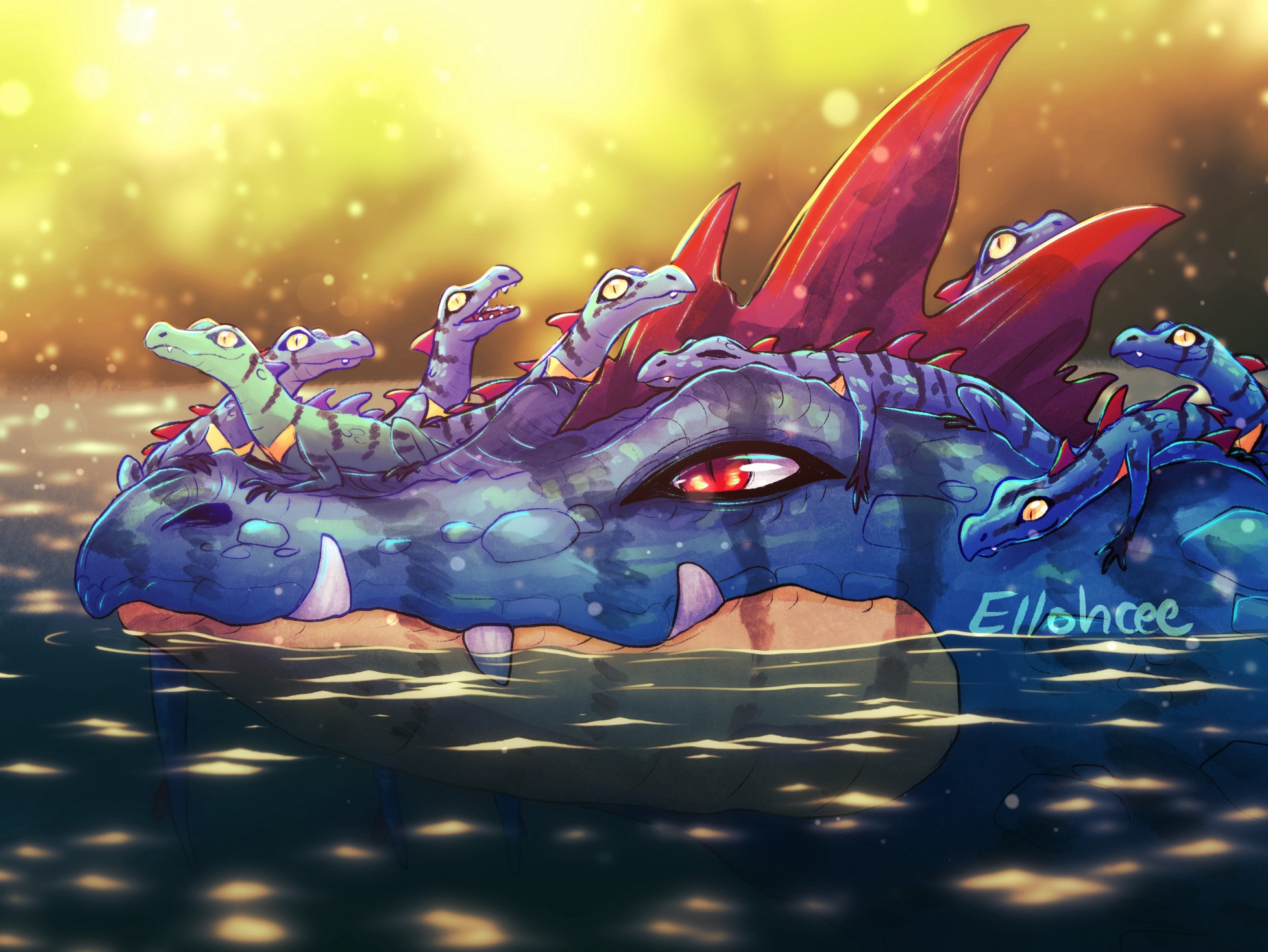 Digital art of the Pokémon feraligatr in a style more like a real crocodile, scaly and with faint stripes running down the side of its head. The feraligatr floats in water with several baby totodile perched on the head and snout. One of the babies is teal colored.
