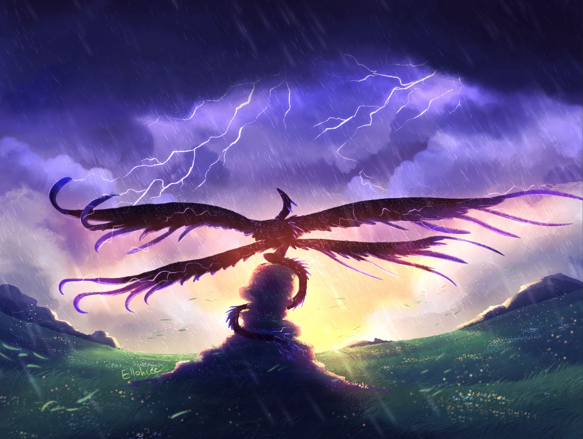 Digital art of a dragon sitting atop a rock in the middle of a field, two sets of wings held open with longer feathers being blown by the wind. The sky is full of dark clouds and lighting with a parting of the clouds at the horizon where the sunset can be seen. Rain is falling and bits of grass and leaves are blowing in the wind. The dragon looks up towards the storm clouds while smaller bolts of lighting travel along its wings and spines.