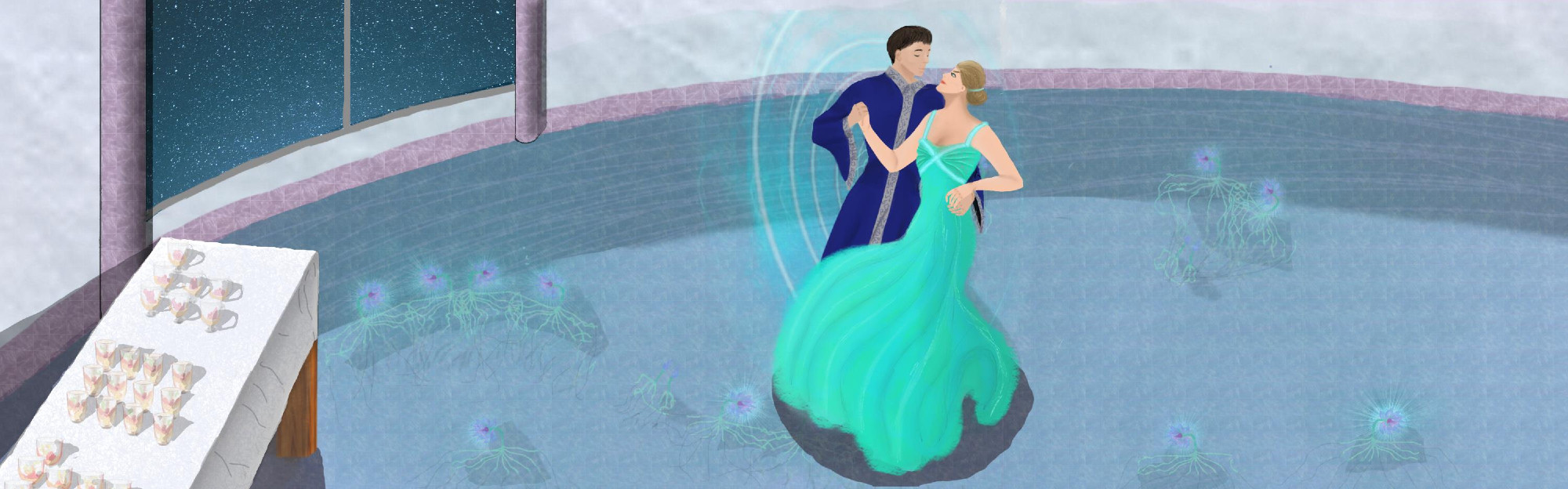 A drawing of couple dancing in a ballroom. The women has an angry expression and is wearing a long flowing turquoise dress. The man has a smug expression and is wearing a robe. The ground of the ballroom is transparent and flowers can be seen lurking in the water below.