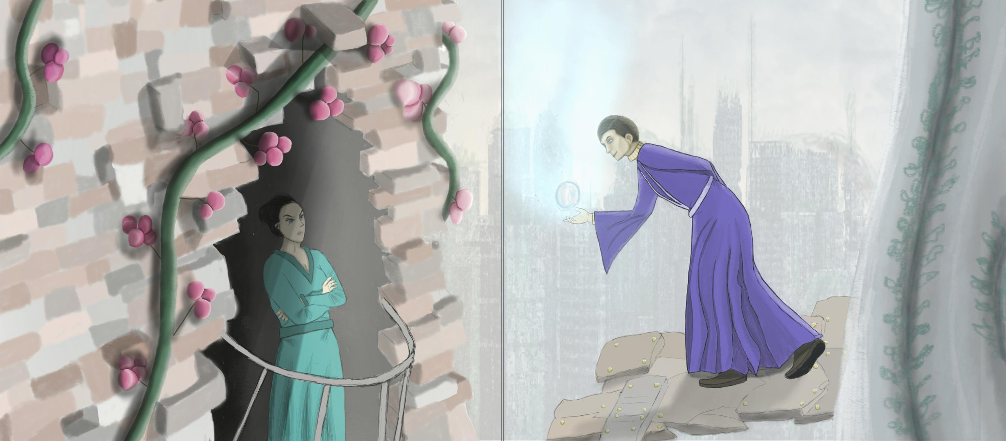 A drawing of a couple in a fantasy setting. On the left, a woman standing inside the balcony of a tower with her arms crossed and an annoyed expression. On the right, a man wearing a robe standing on the ledge of the balcony of another tower. He's wearing a smug expression and has a hand extending towards the woman and a ball of magic is floating above it. 