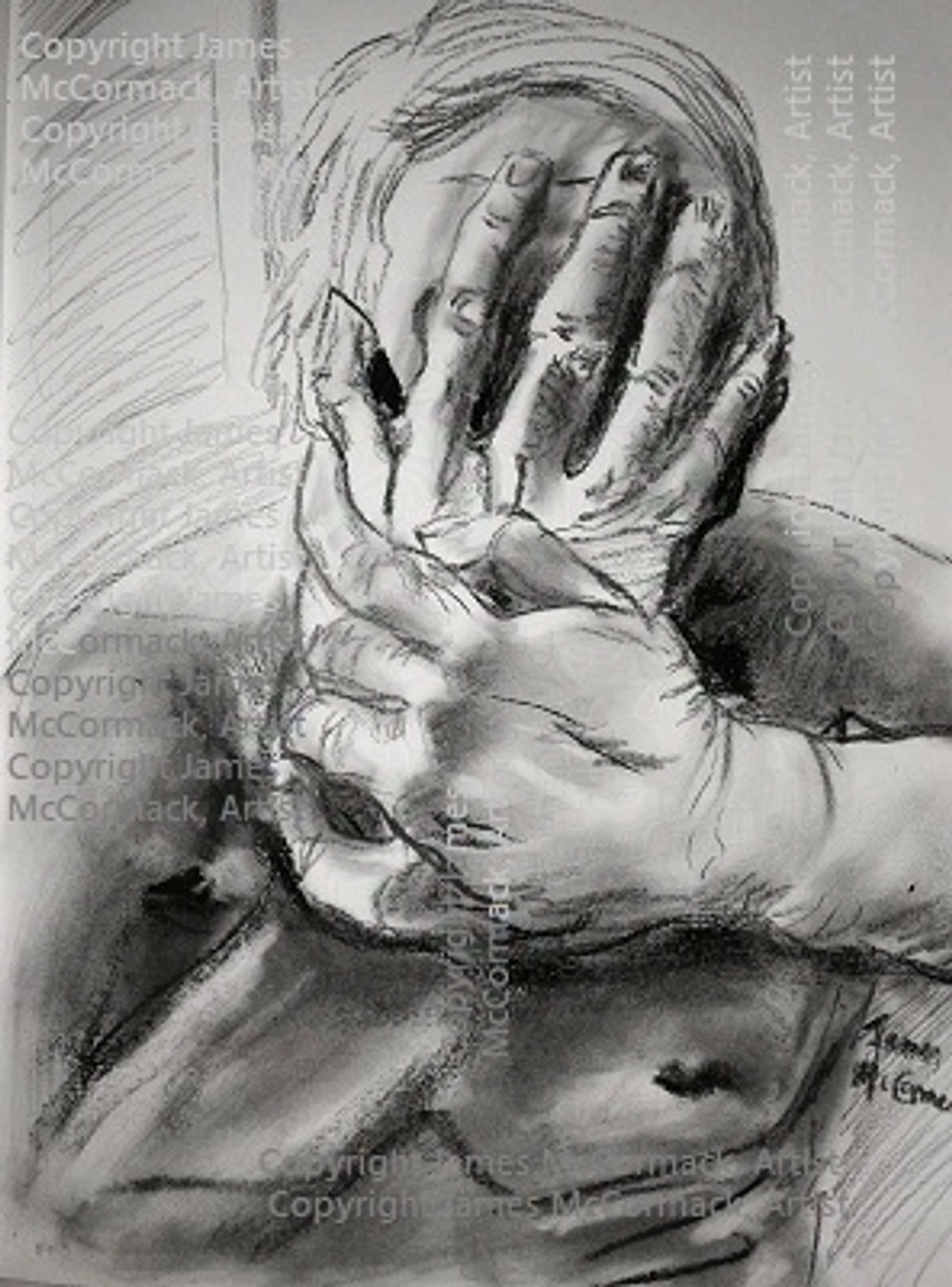 Hands - charcoal on paper
Two hands hold the subjects face and wrist, clutching in despair and isolation. This is a black and white drawing in charcoal on paper .