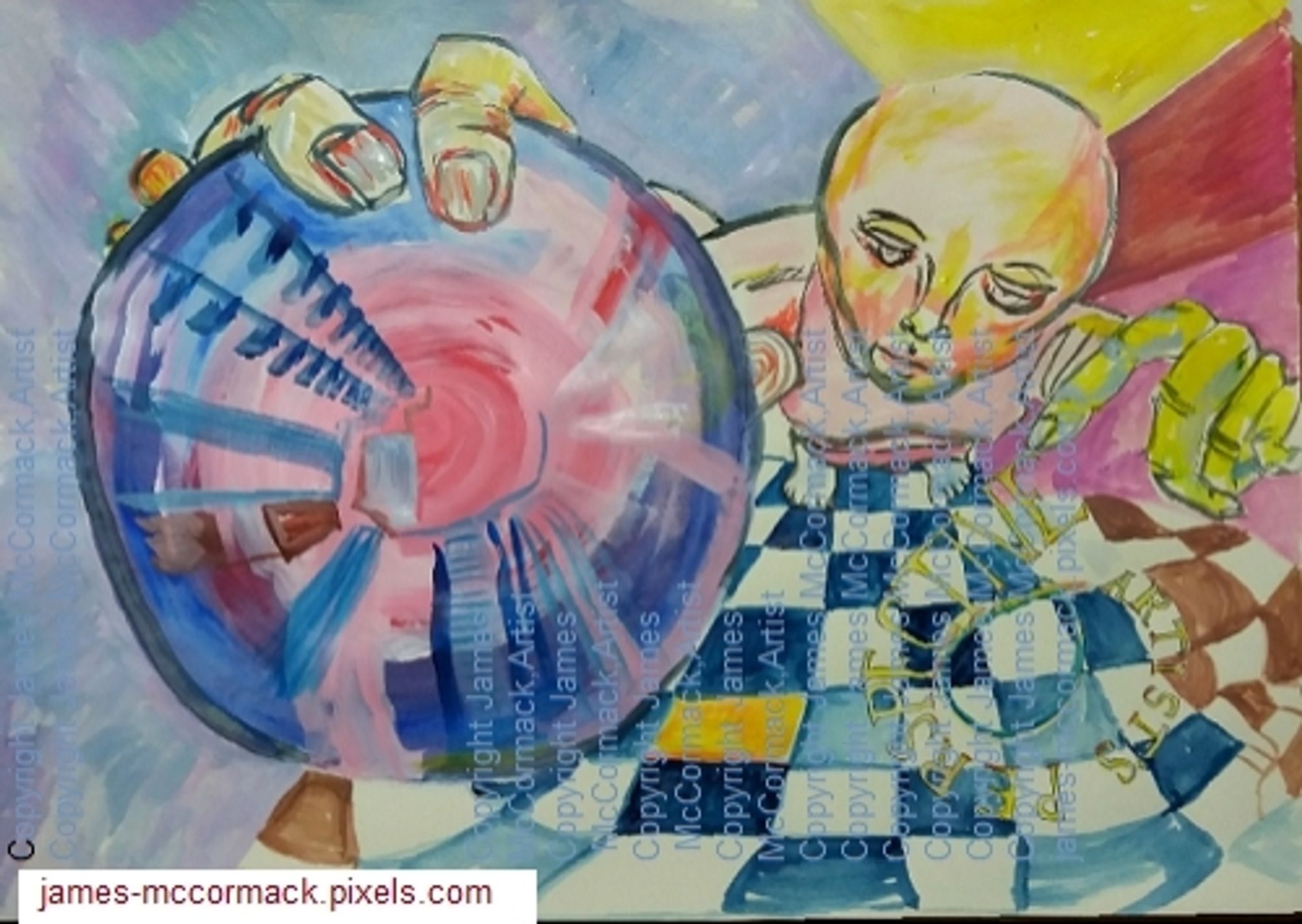 A distorted artist's perspective shows the artist from above holding a globe or crystal ball while his other hand has the index finger pointing at the words Artist's Perspective in a spiralling perspective.