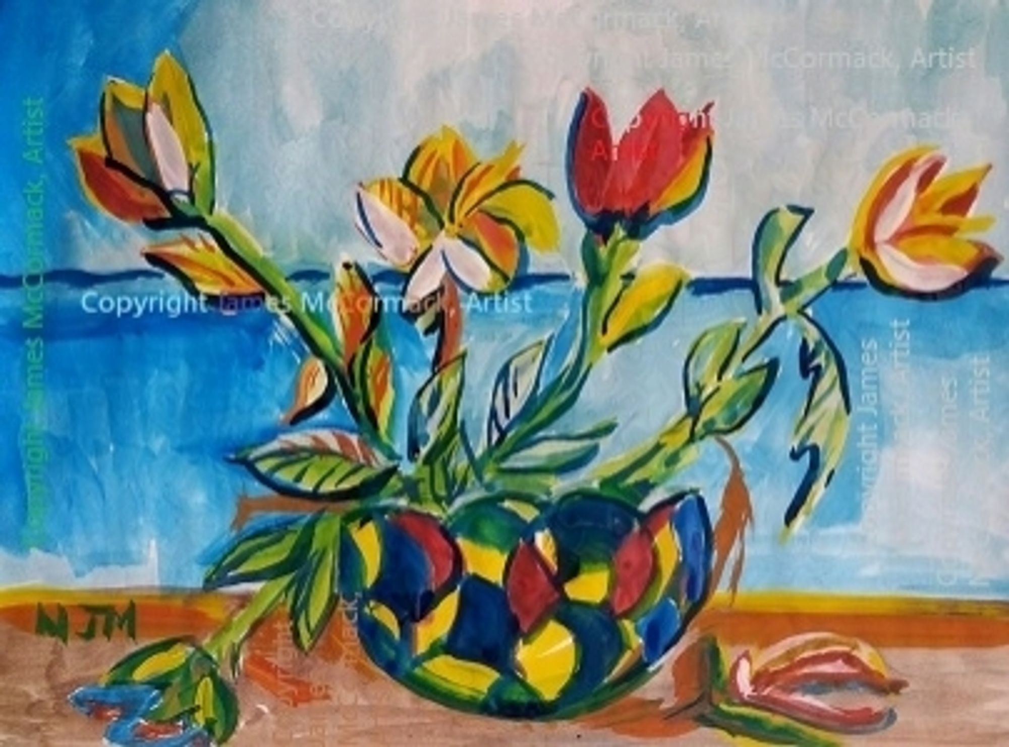 Flowers in a Vase.
In a semi abstract style, inspired by flowers, art deco and stained glass.