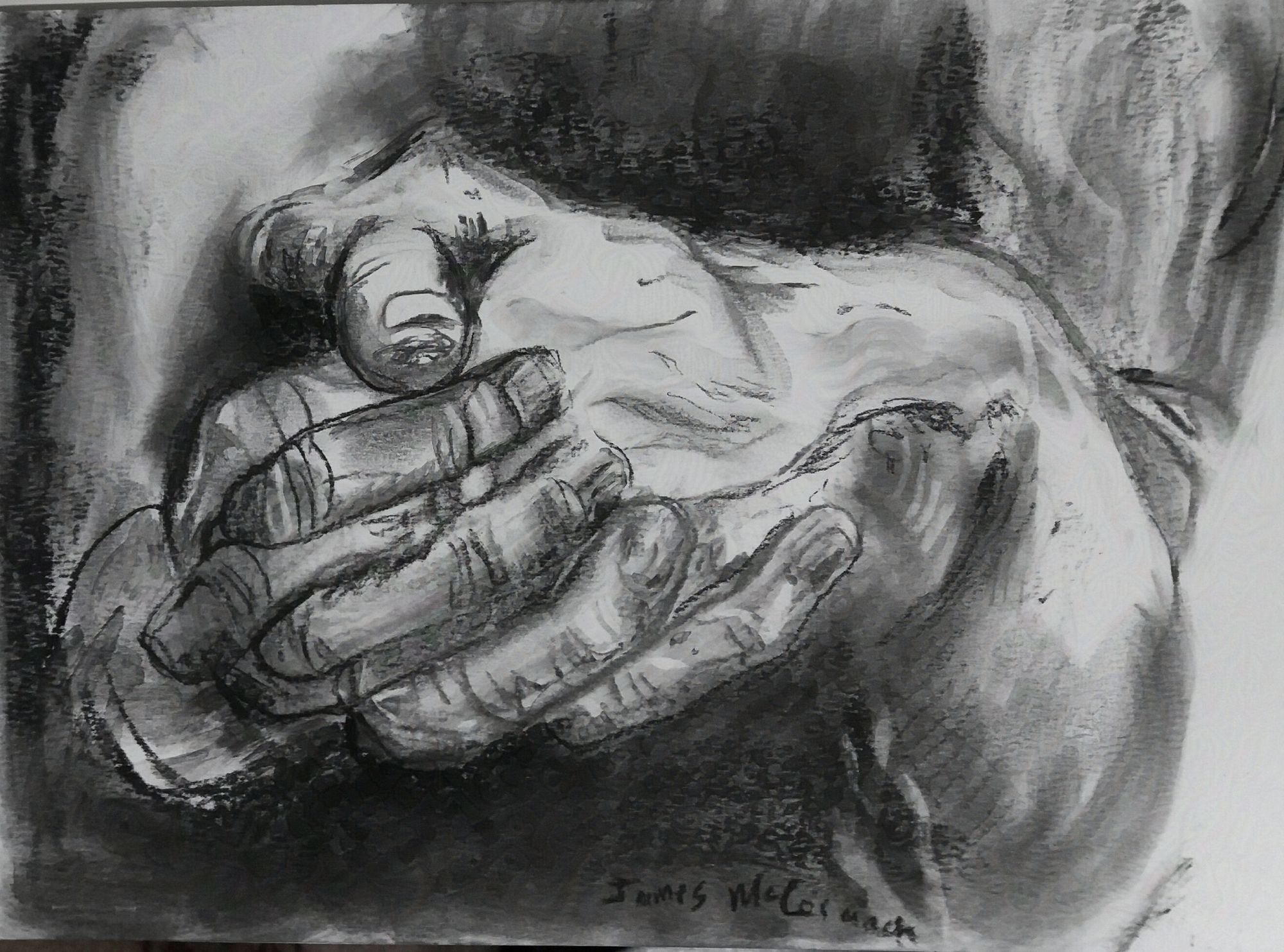 Two hands clutch each other tensely. A black and white hand portrait drawing in charcoal on paper .