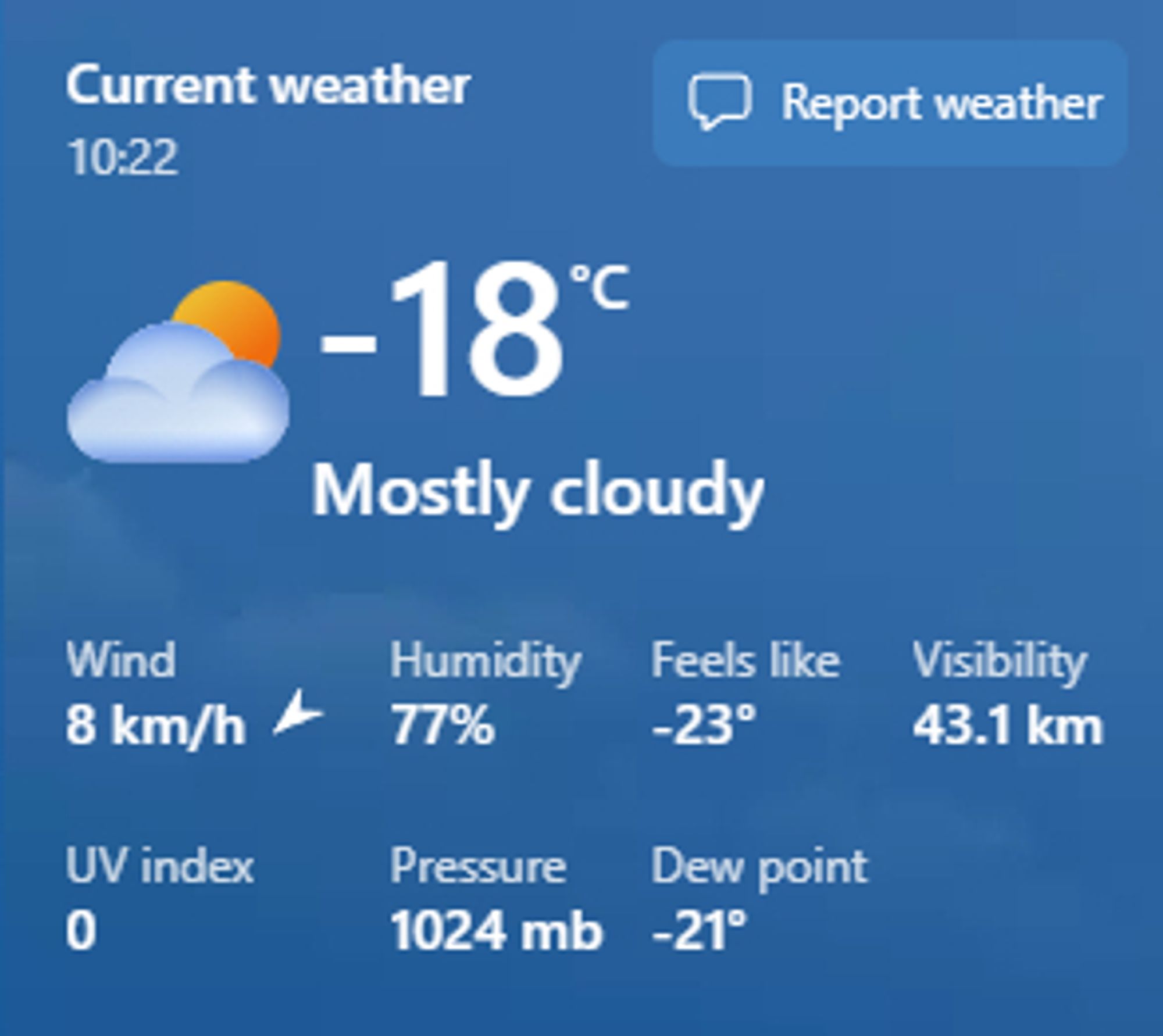 Screencap from a weather app. Current weather, as of 10:22 a.m.: -18 degrees Celsius, mostly cloudy, a "feels like" of -23 degrees Celsius.