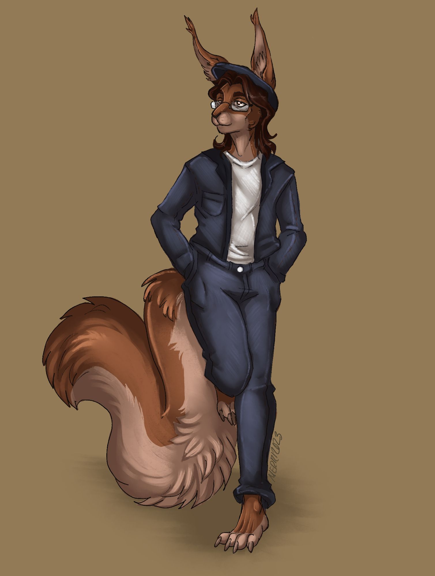 Fully-clothed anthro male squirrel, gazing somewhere to his right. He's wearing a denim jacket, jeans, and a white shirt, as well as a flat denim cap. In general, picture someone who's spent the last 20 years in the same university without graduating.