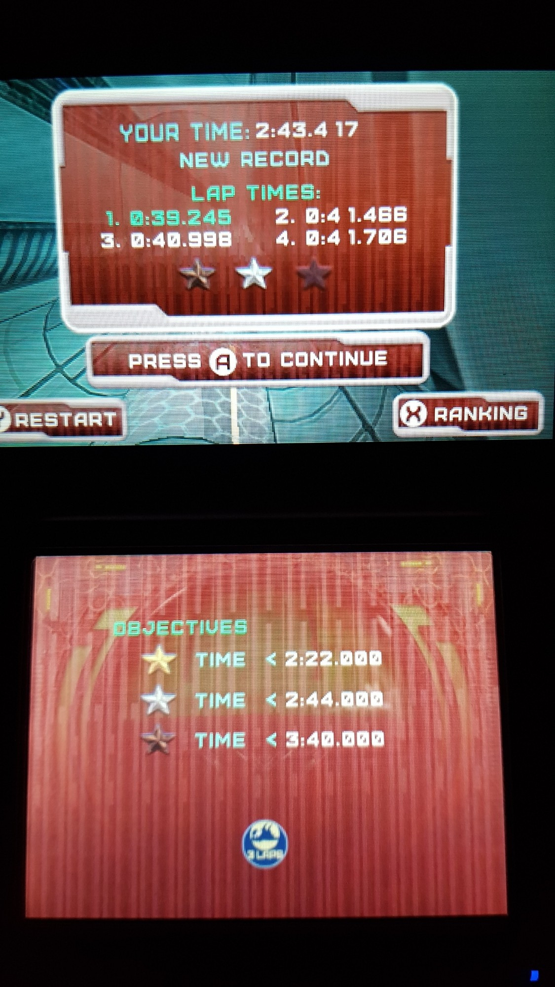 game for the Nintendo 3DS called AiRace Xeno, a racing game (time score) where you fly a ship through tight corridors. it shows that i earned Silver in a level only by 600 milliseconds out of 2 minutes and 44 seconds