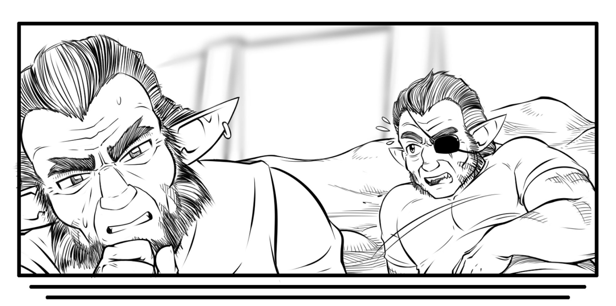 Panel from my webcomic Katran
Barahn left and Sogre right discuss a concerning situation.
Line art, without dialogue WIP.