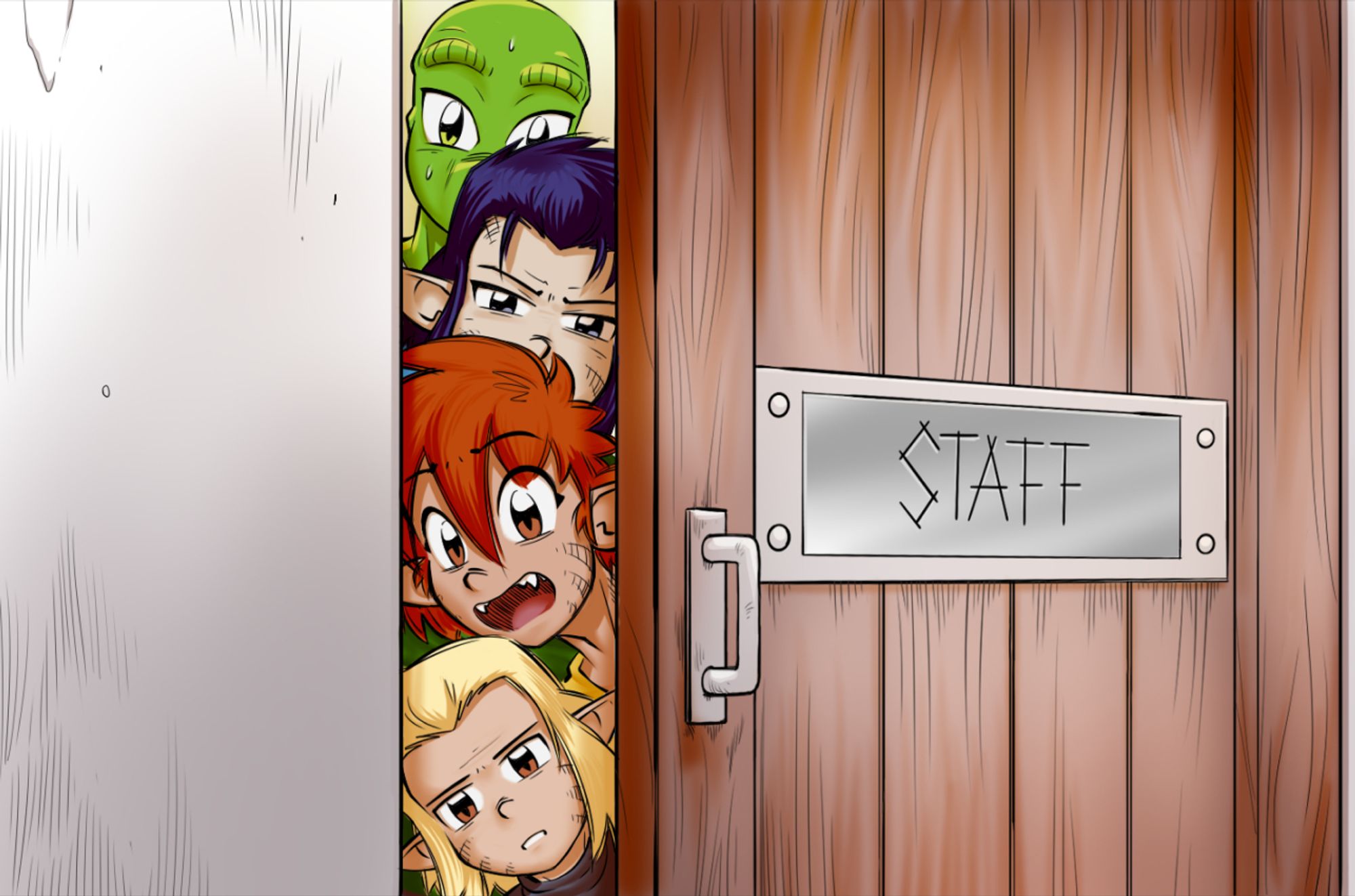 Panel without dialogue.
The four rascals peeking through a door and discover something unpleasant. A big wooden door with a sign, staff is written on it.