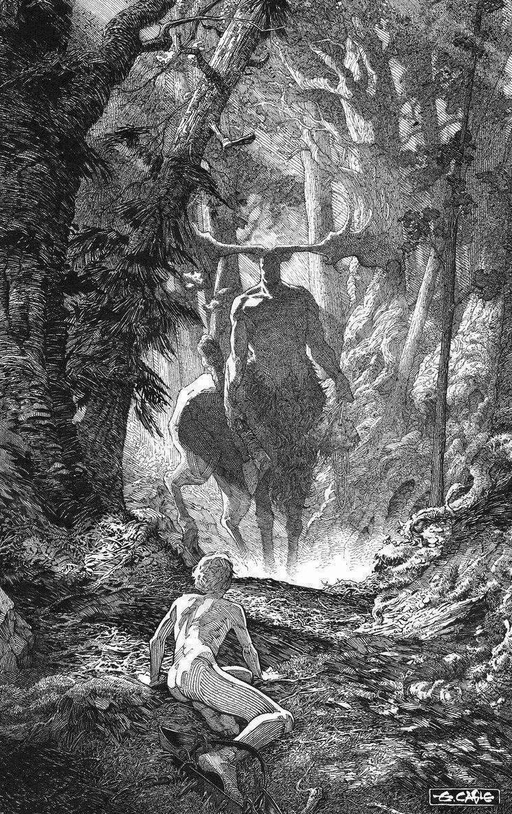 Art piece by Evan Cagle, forest scene, nude man in front looks at a centaur like creature with moose antlers.