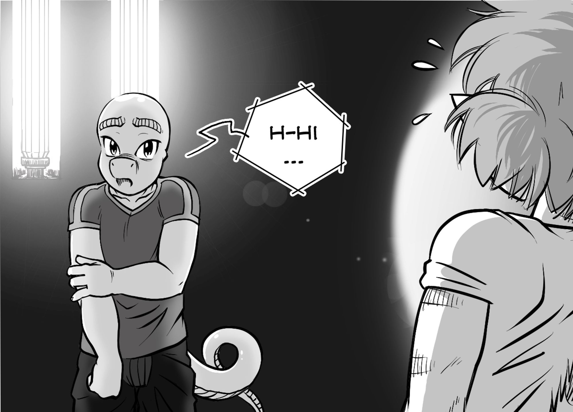 A snippet from a black and white panel of my webcomic Katran.
Kie-Pur the shy lizard boy is greeting the main protagonist. Both are in a cell with harsh light from behind Kie-Pur.