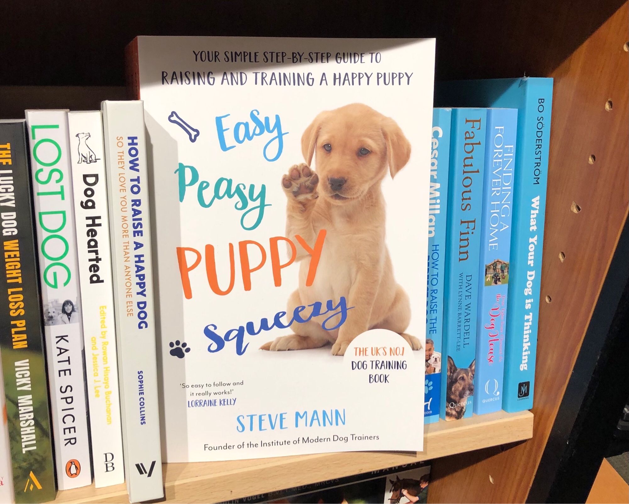 The book Easy Peasy Puppy Squeezy on a bookshop shelf