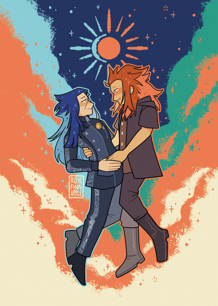 A digital illustration of Isa and Lea from Kingdom Hearts in a midair embrace against a backdrop of blue-and-orange clouds.